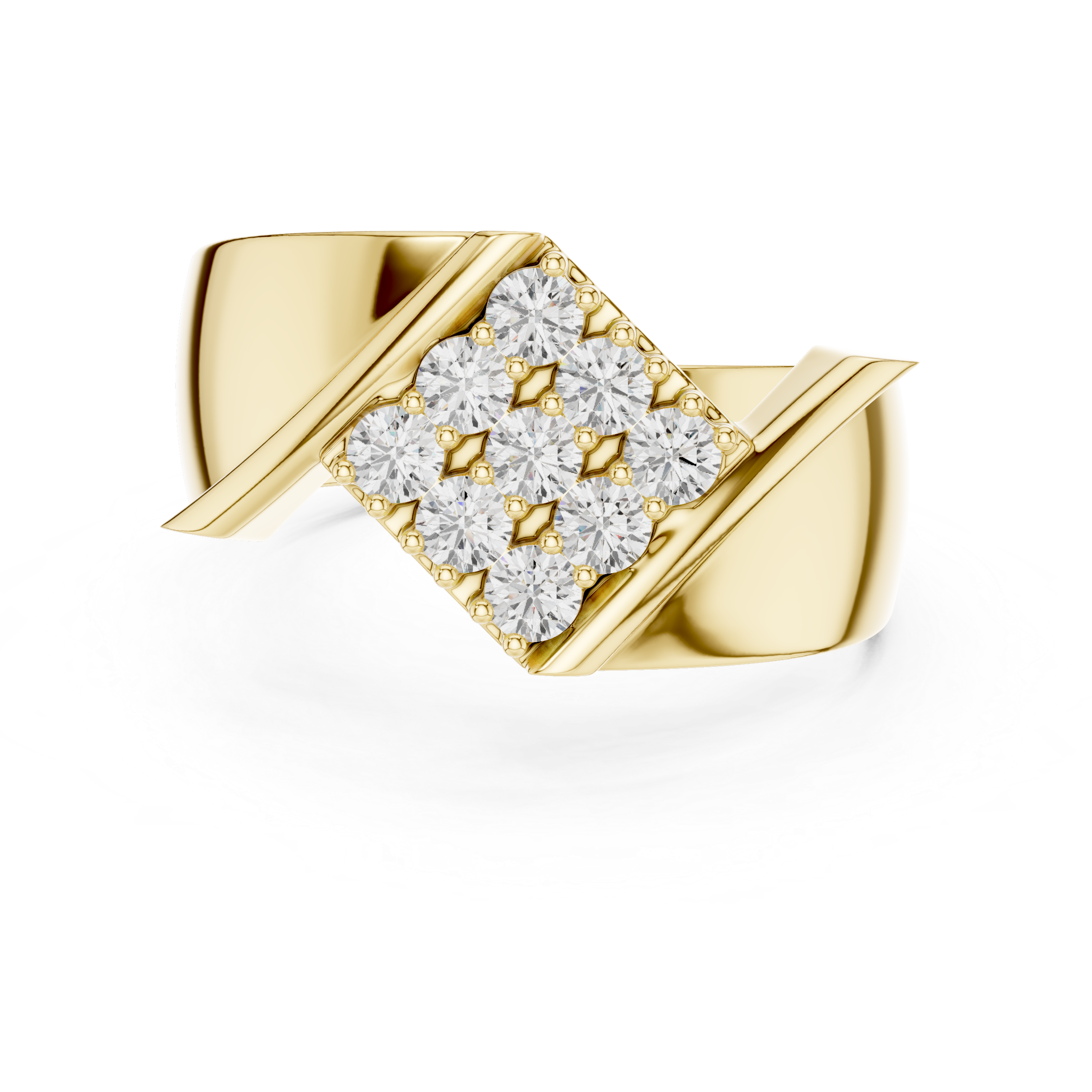 Round Cut Diamond Cluster Diagonal Signet Style Band Ring
