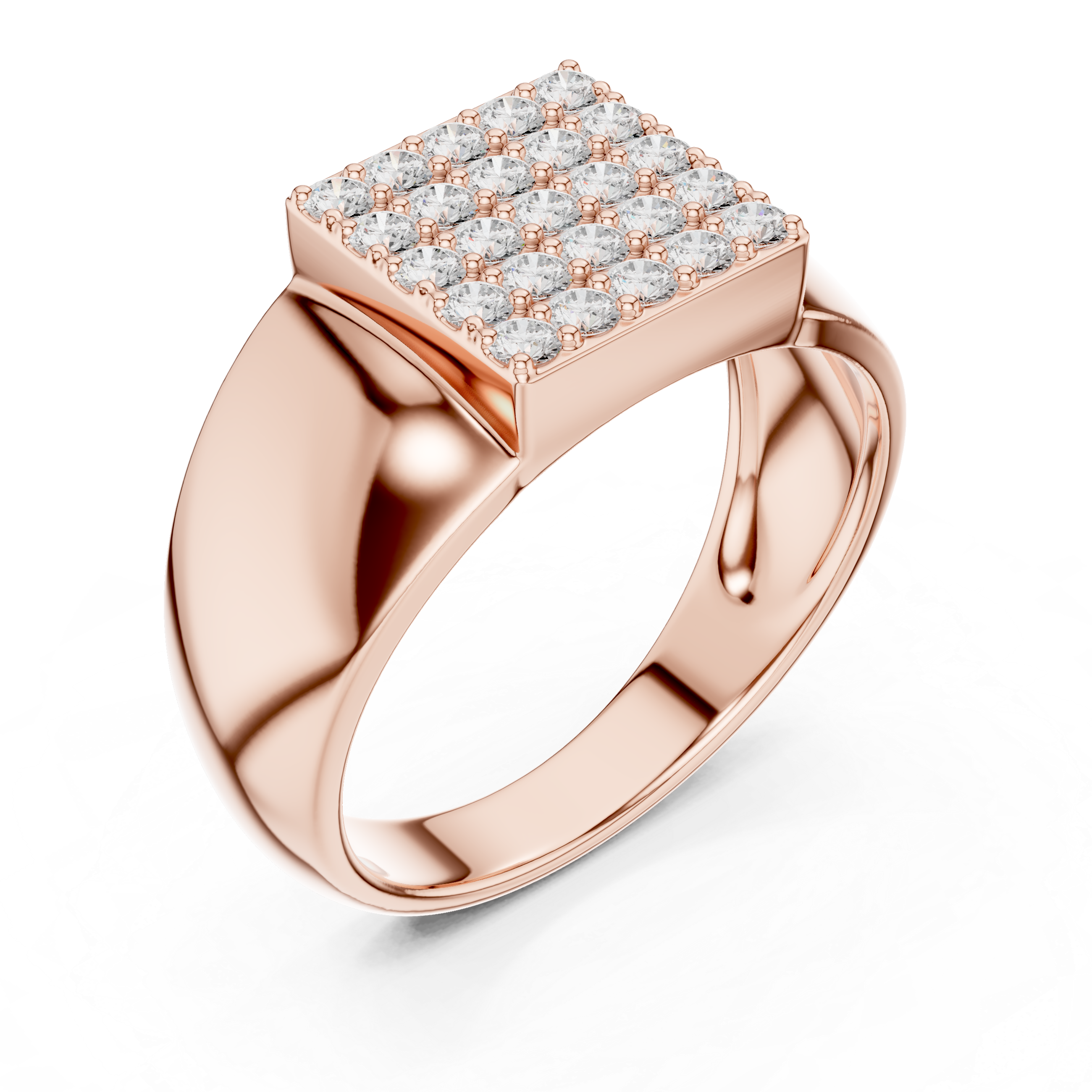 Round Cut Diamond Square Pavé Cluster Signet Ring