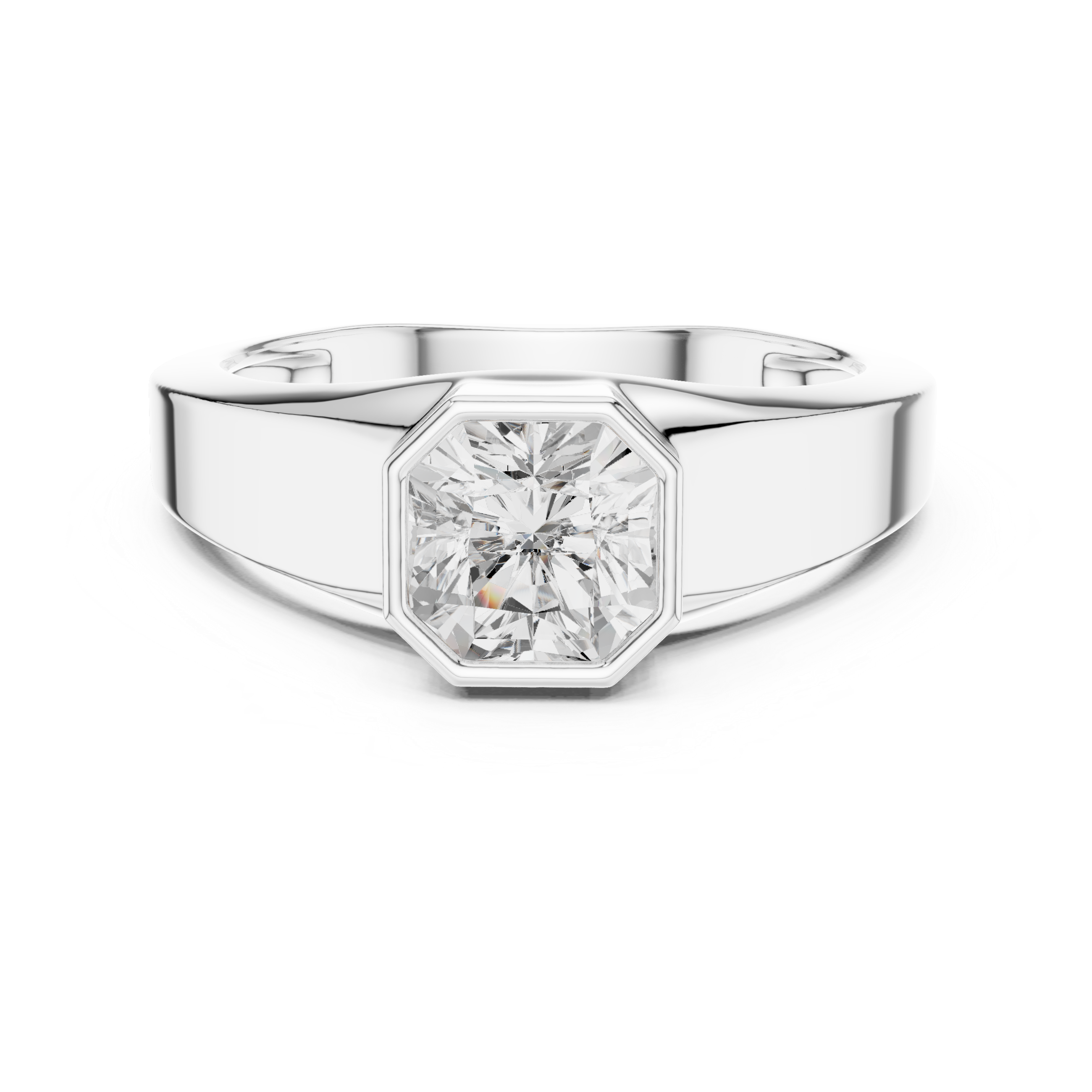 Bold Radiant Cut Diamond Bezel Set Signet Style Ring