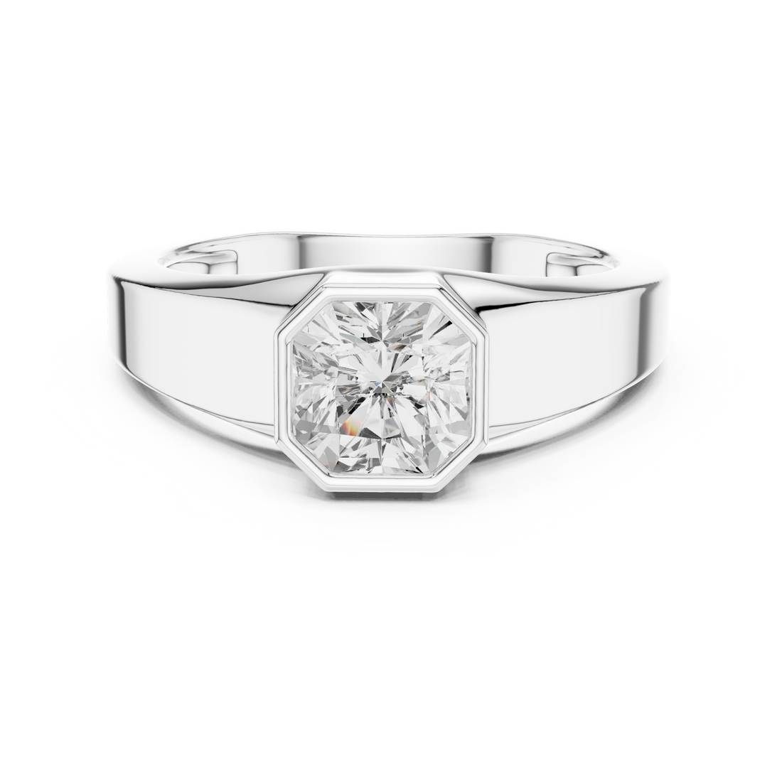 Bold Radiant Cut Diamond Bezel Set Signet Style Ring