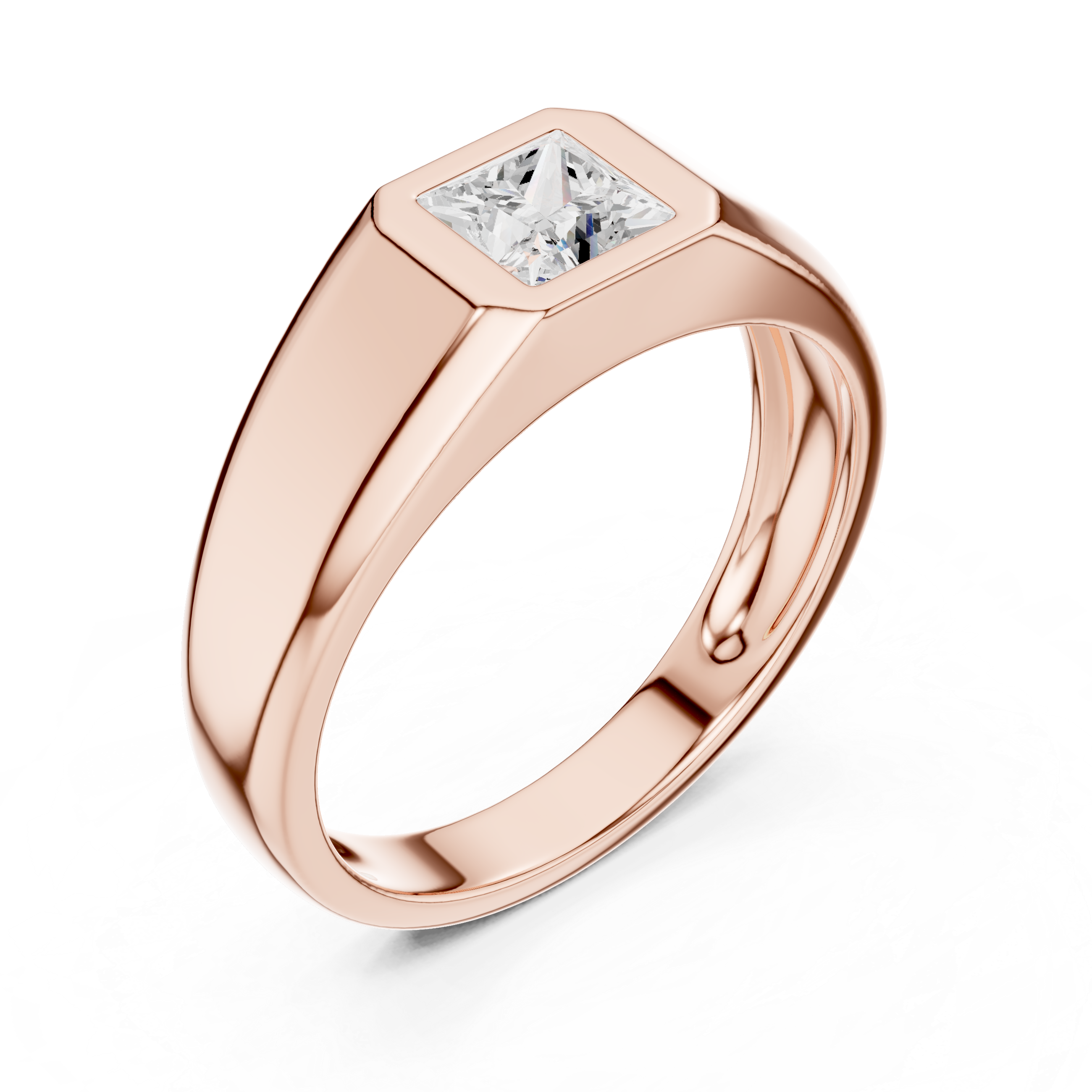 Princess Cut Diamond Solitaire Bezel Set Signet Band Ring Modern Classic