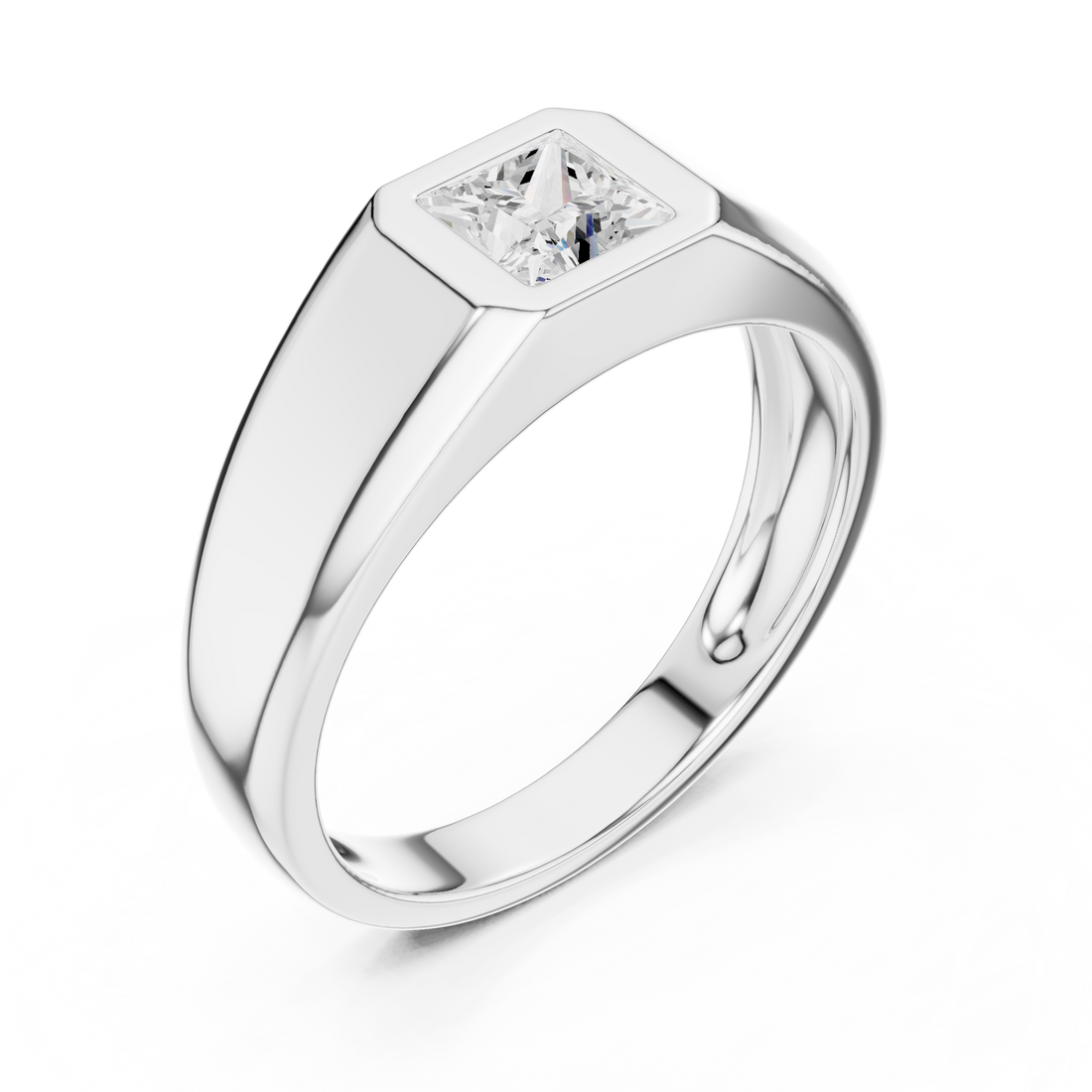 Princess Cut Diamond Solitaire Bezel Set Signet Band Ring Modern Classic