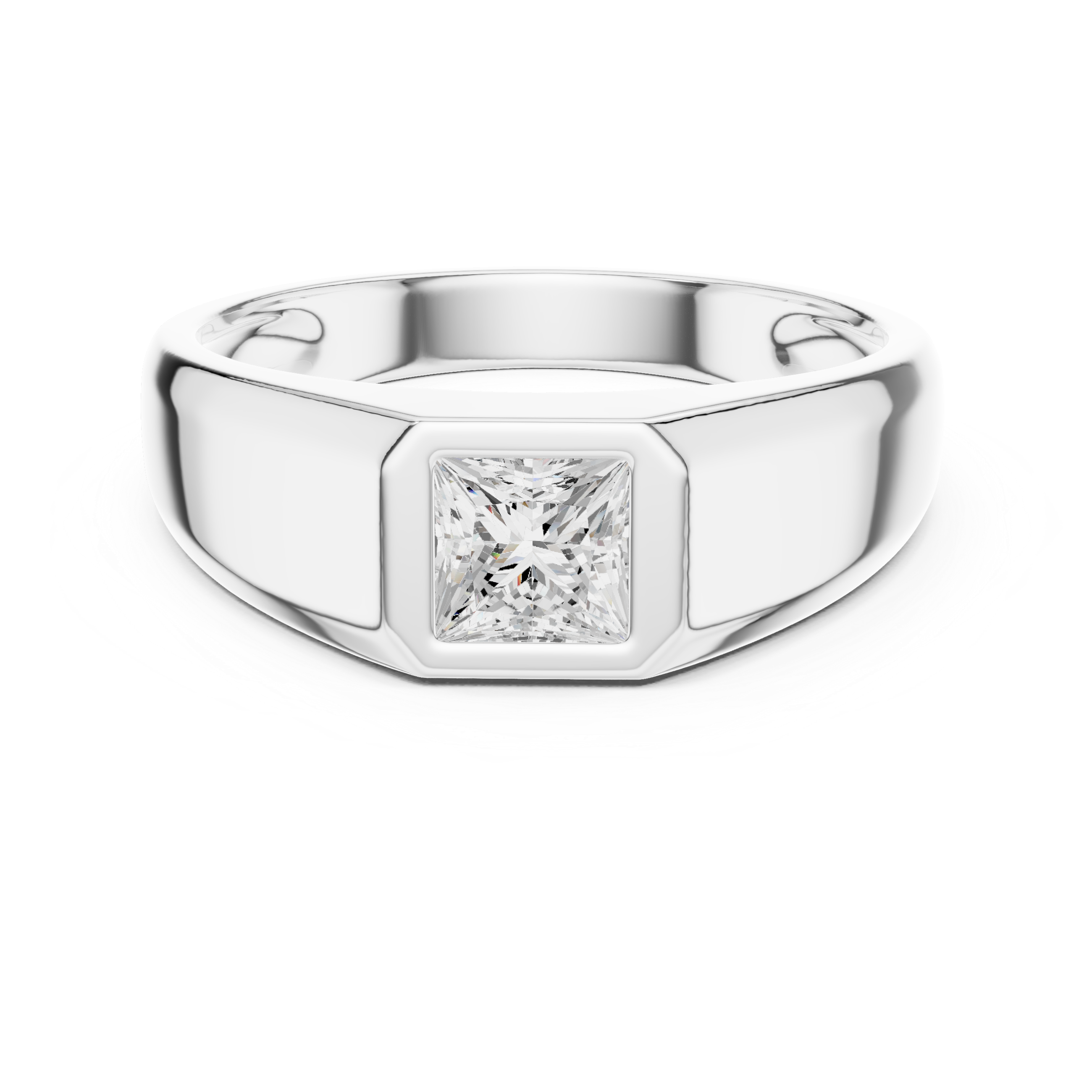 Princess Cut Diamond Solitaire Bezel Set Signet Band Ring Modern Classic