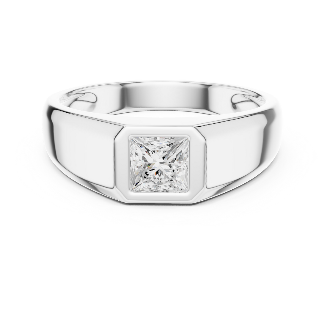 Princess Cut Diamond Solitaire Bezel Set Signet Band Ring Modern Classic