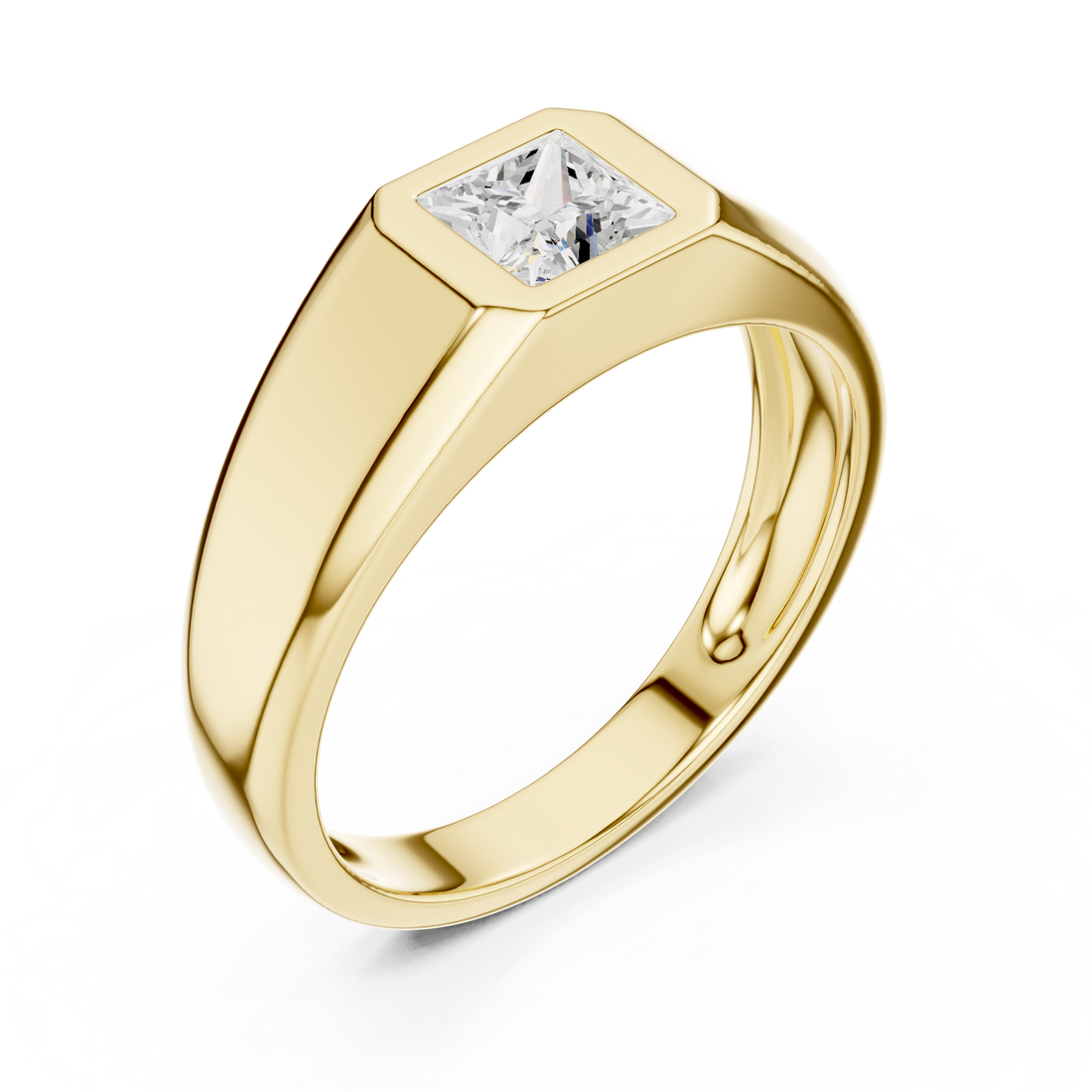 Princess Cut Diamond Solitaire Bezel Set Signet Band Ring Modern Classic