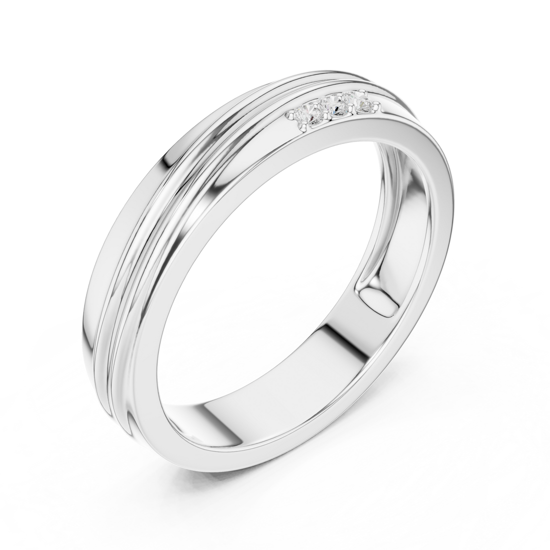 Sleek Round Diamond Trio Accent Grooved Band Ring