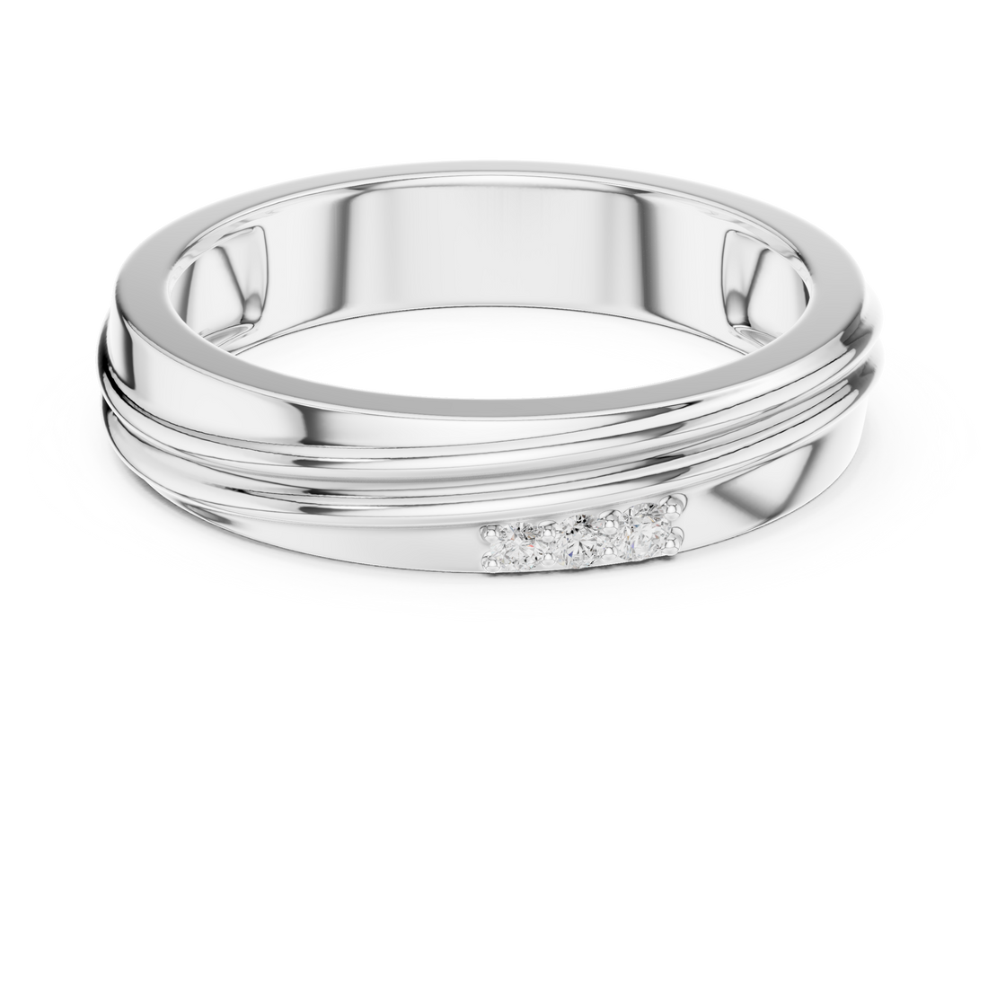 Sleek Round Diamond Trio Accent Grooved Band Ring