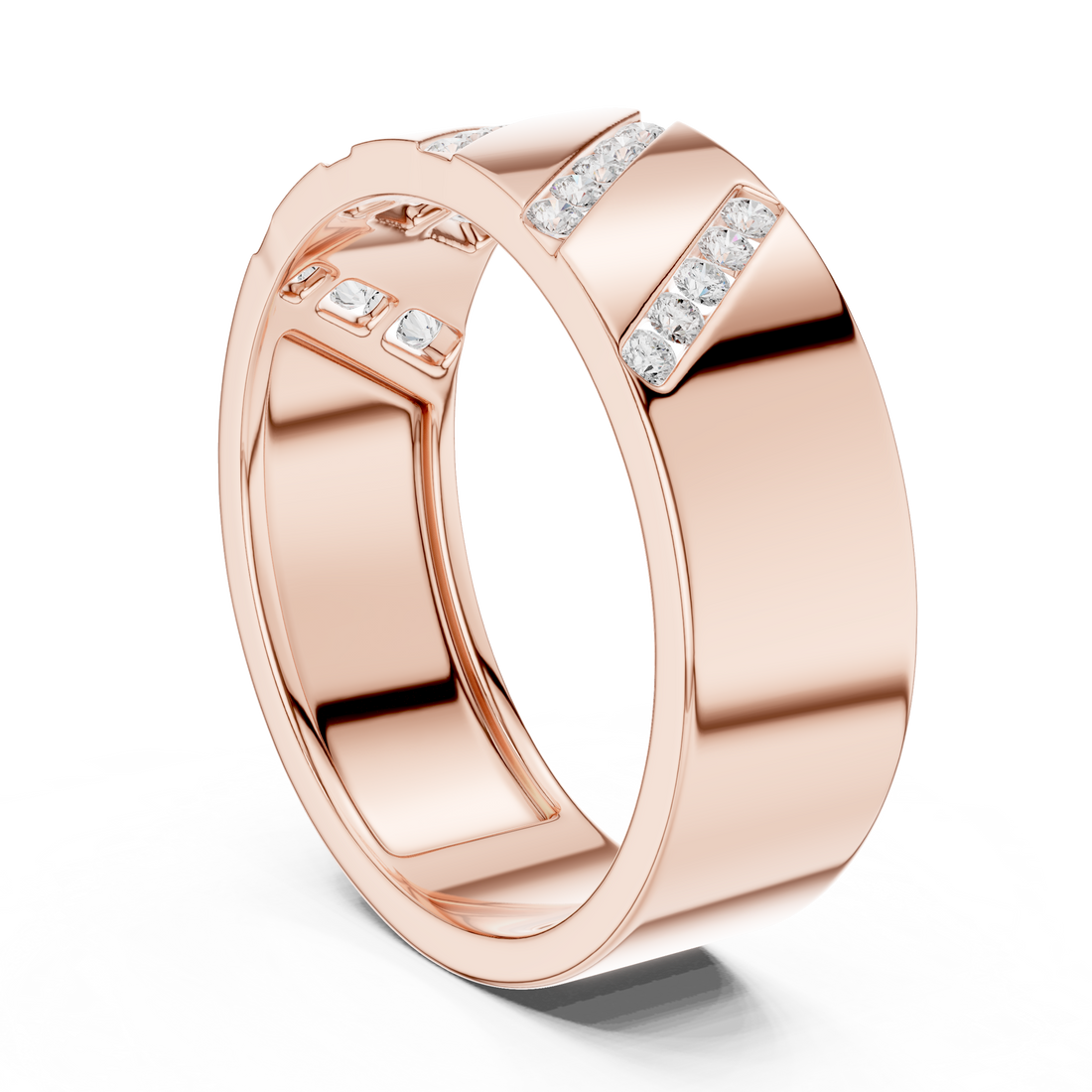Bold Round Diamond Channel Striped Band Ring with Geometric Pattern