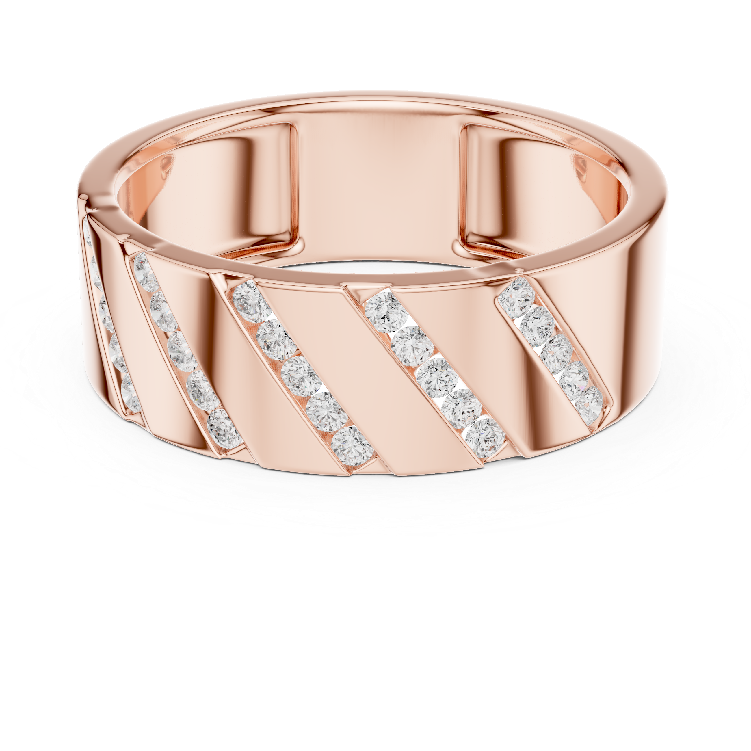 Bold Round Diamond Channel Striped Band Ring with Geometric Pattern