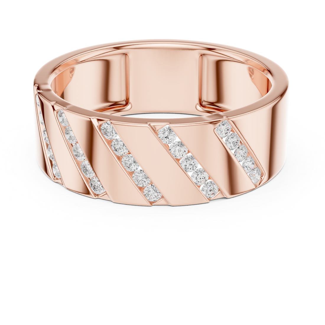 Bold Round Diamond Channel Striped Band Ring with Geometric Pattern