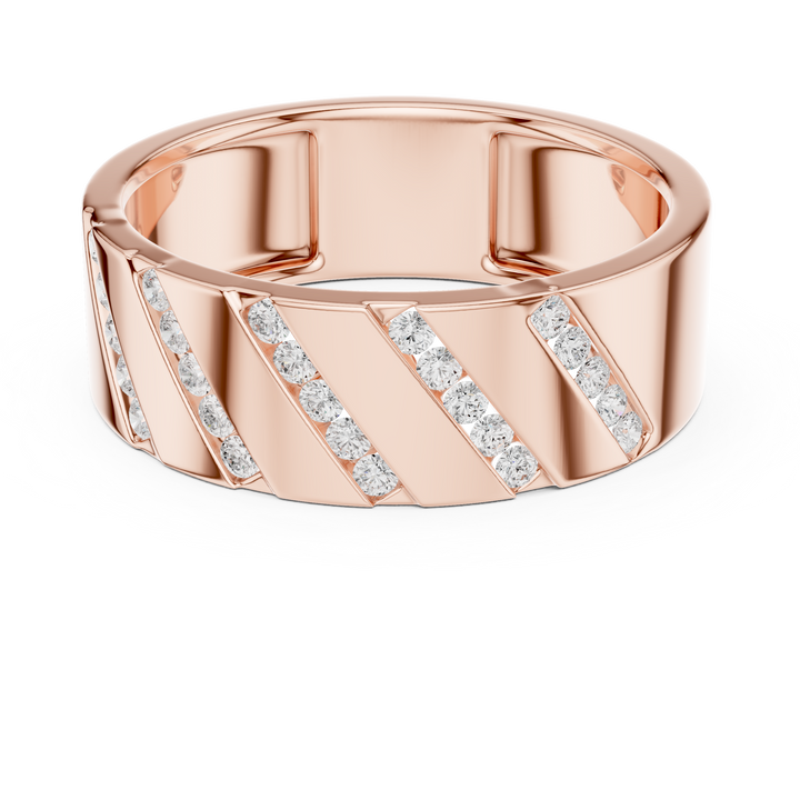 Bold Round Diamond Channel Striped Band Ring with Geometric Pattern