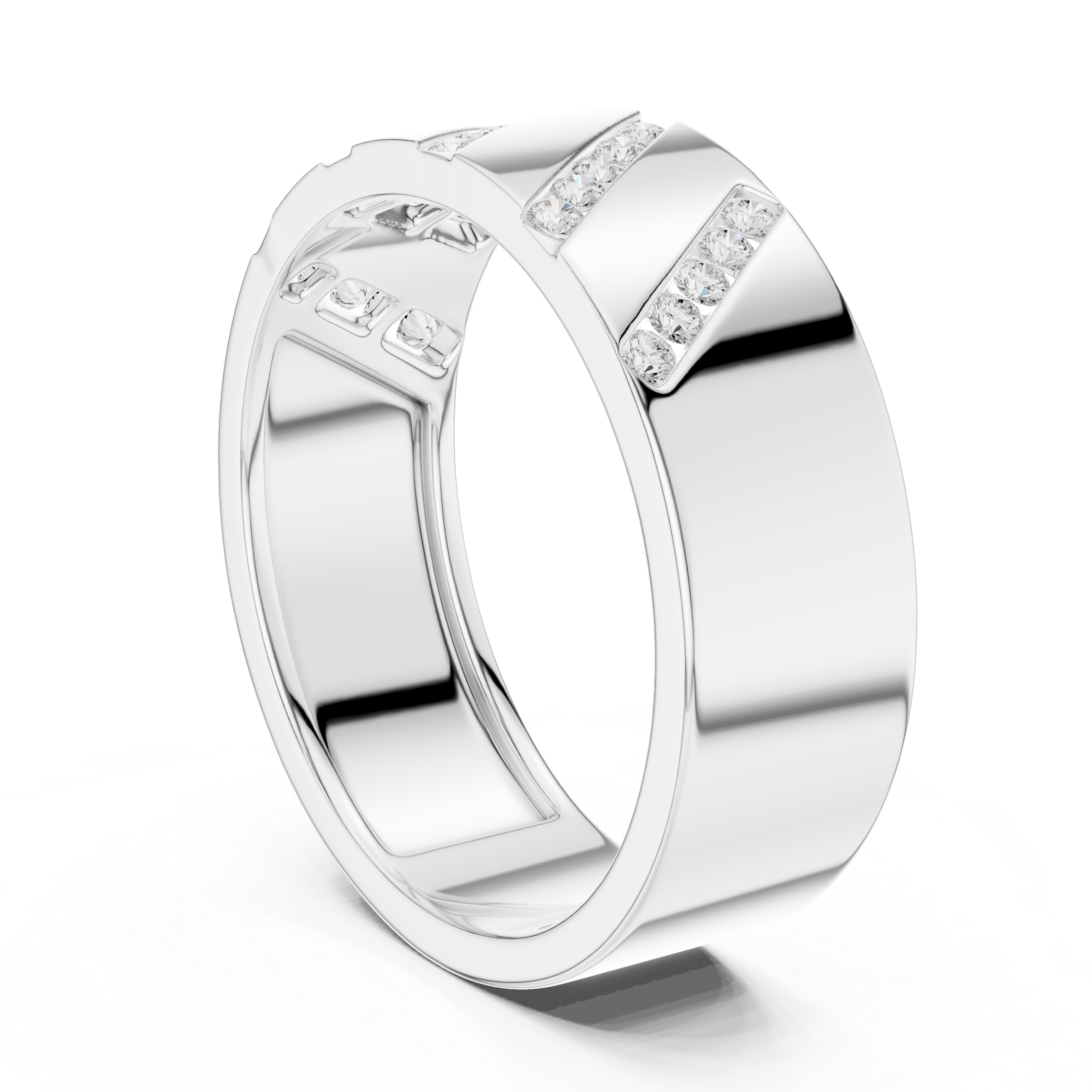 Bold Round Diamond Channel Striped Band Ring with Geometric Pattern