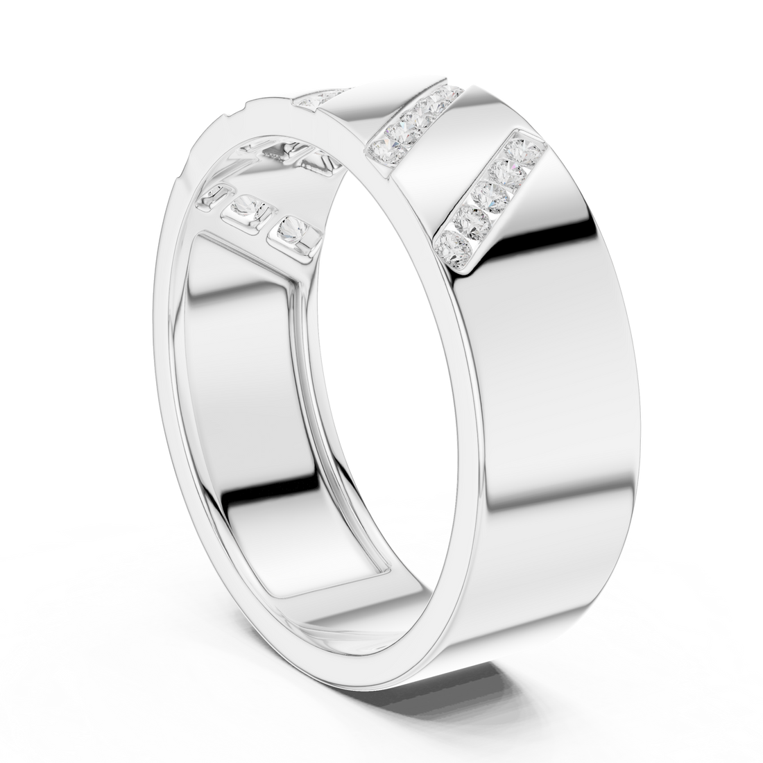 Bold Round Diamond Channel Striped Band Ring with Geometric Pattern