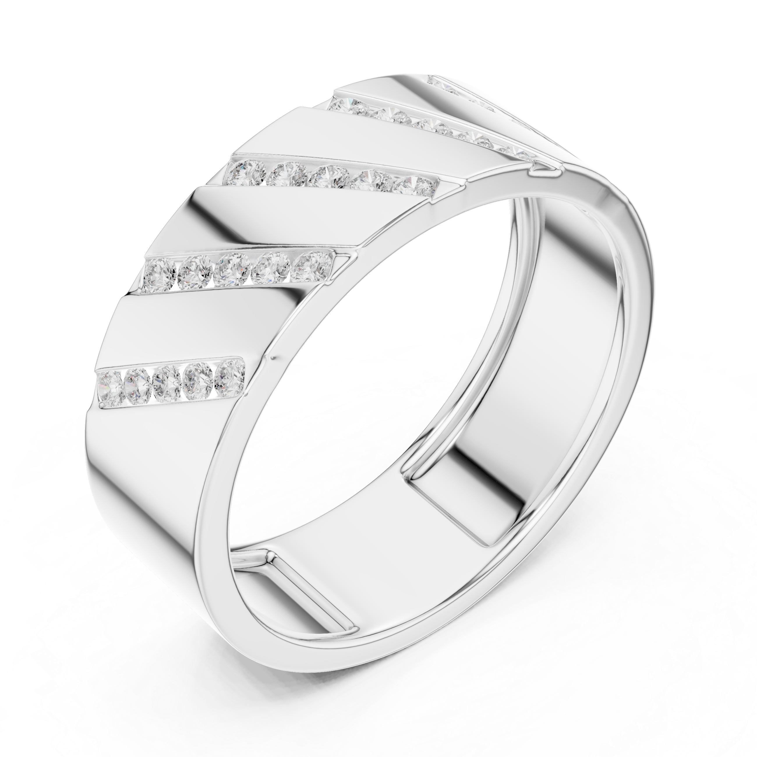 Bold Round Diamond Channel Striped Band Ring with Geometric Pattern