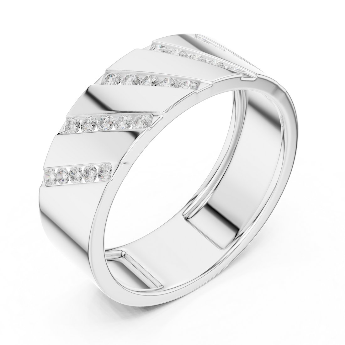Bold Round Diamond Channel Striped Band Ring with Geometric Pattern
