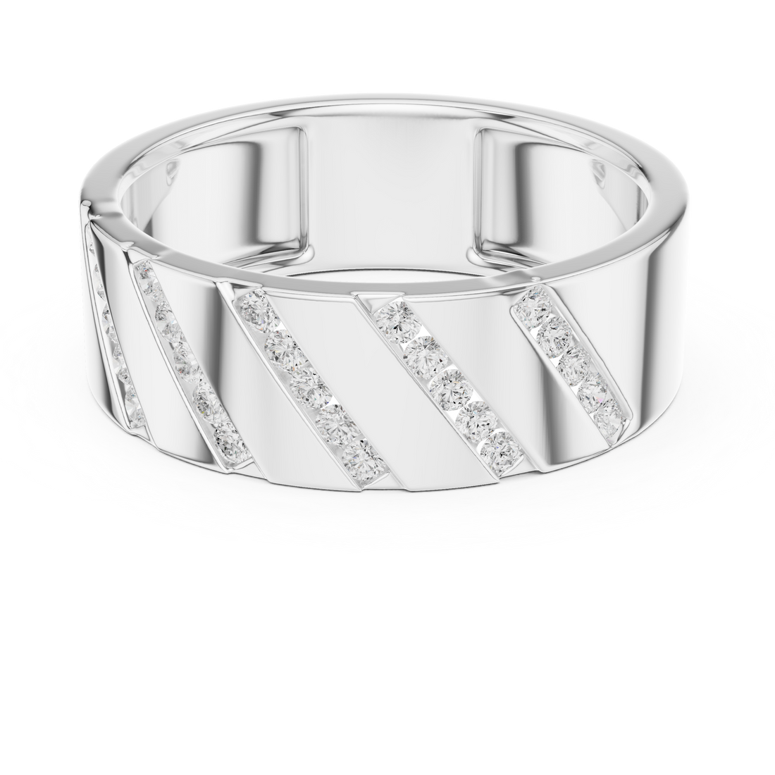 Bold Round Diamond Channel Striped Band Ring with Geometric Pattern