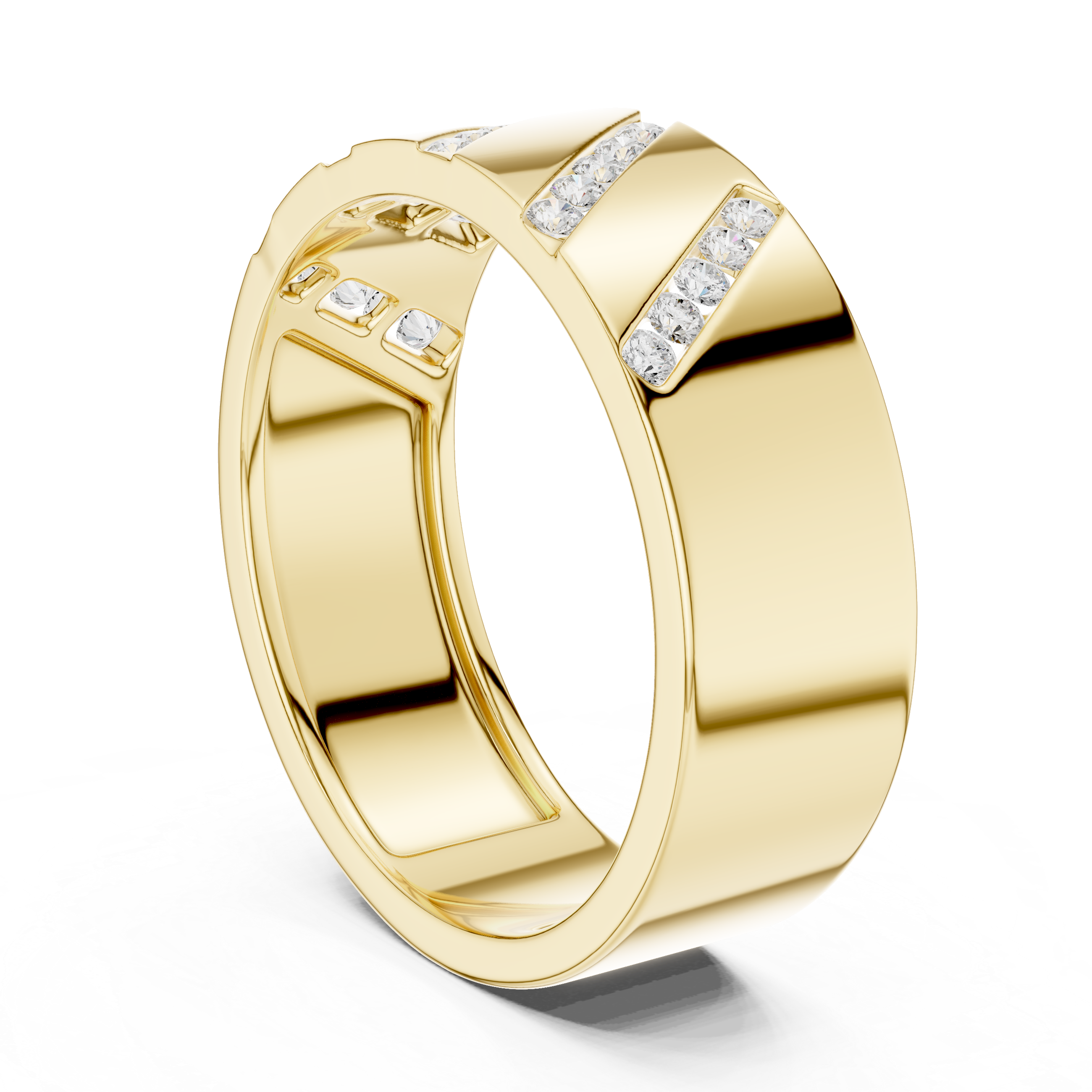 Bold Round Diamond Channel Striped Band Ring with Geometric Pattern