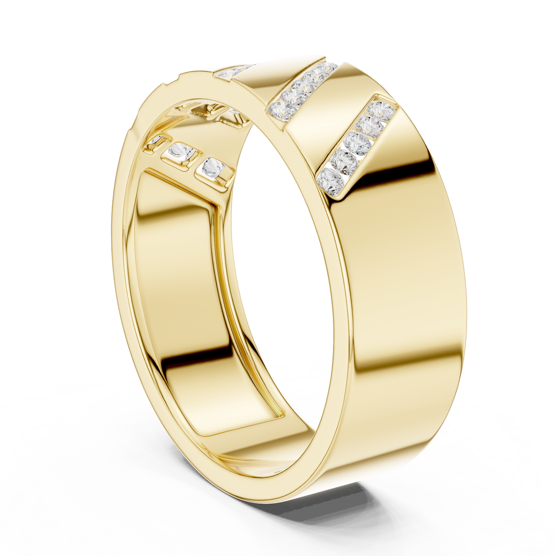 Bold Round Diamond Channel Striped Band Ring with Geometric Pattern