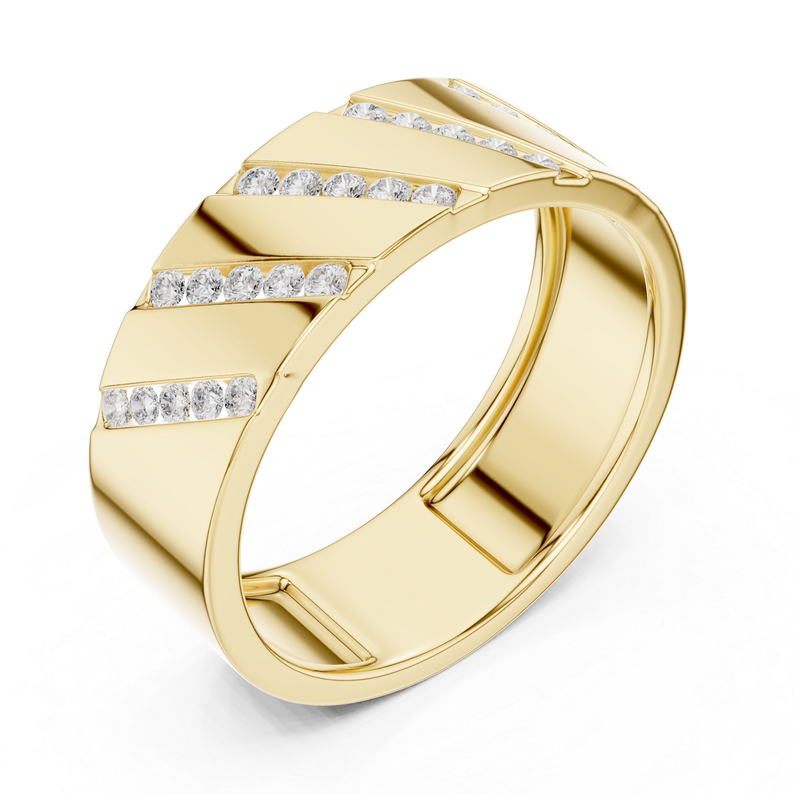 Bold Round Diamond Channel Striped Band Ring with Geometric Pattern