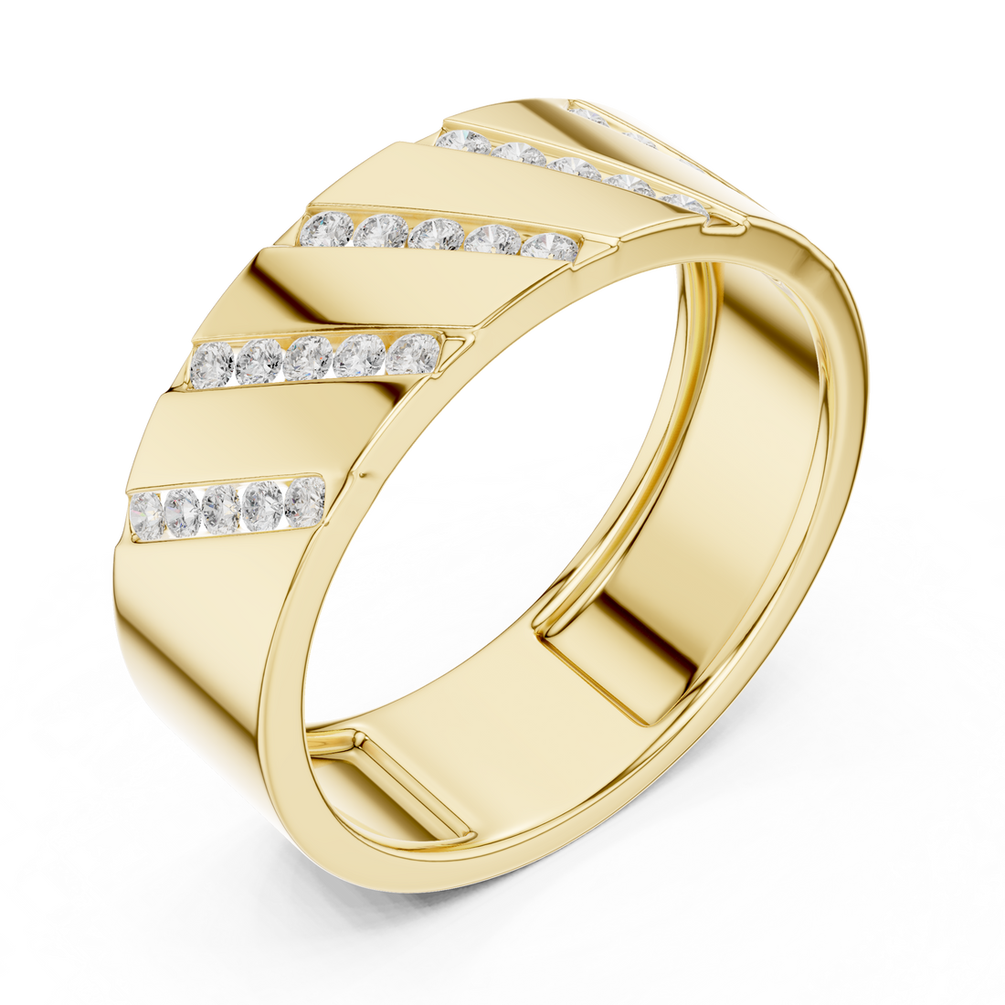 Bold Round Diamond Channel Striped Band Ring with Geometric Pattern