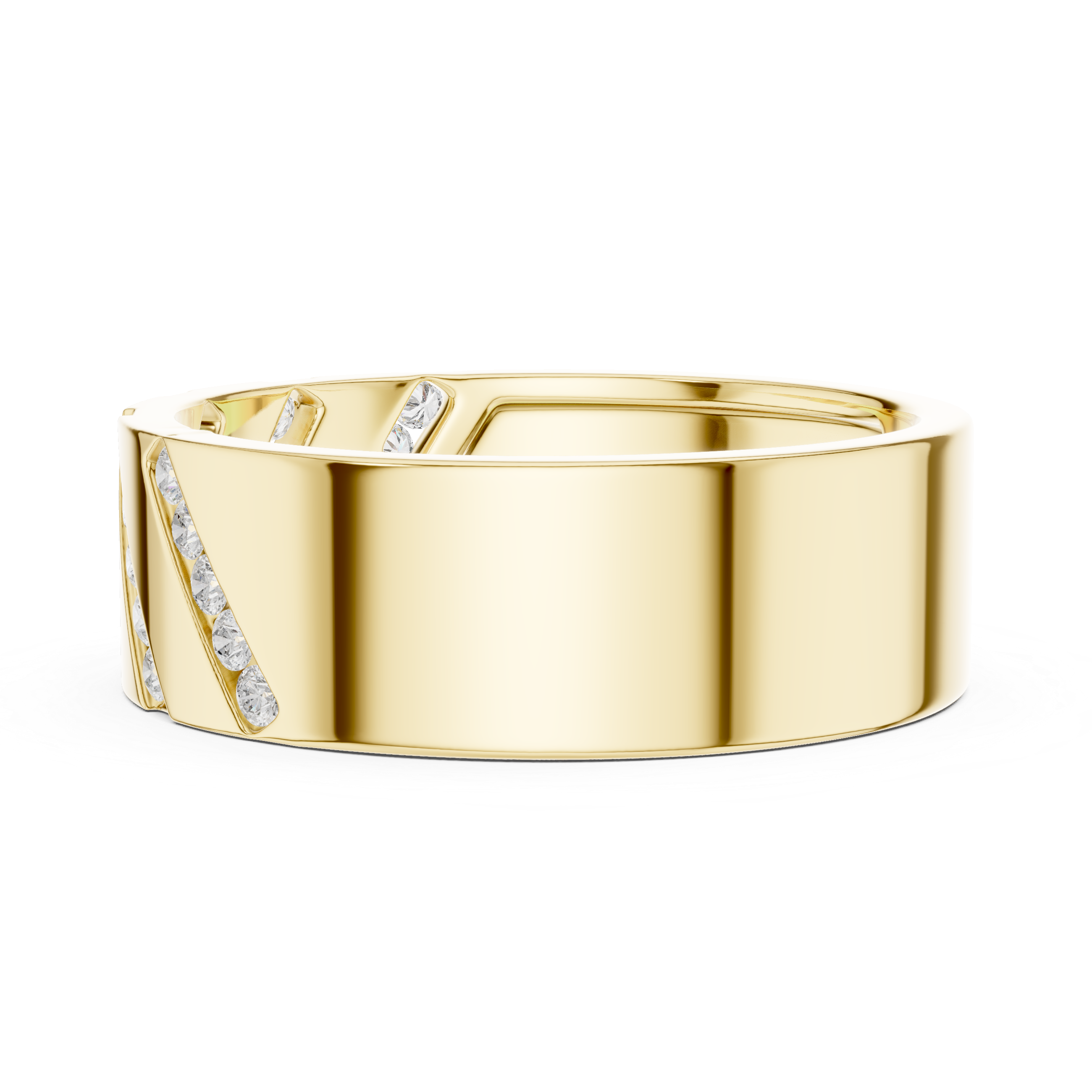Bold Round Diamond Channel Striped Band Ring with Geometric Pattern