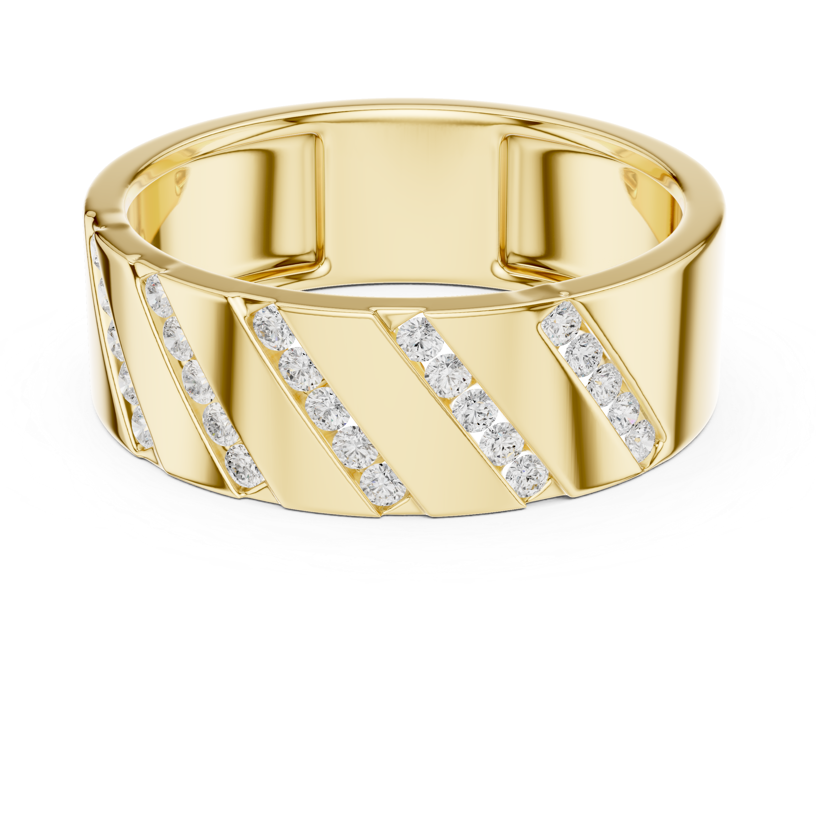 Bold Round Diamond Channel Striped Band Ring with Geometric Pattern