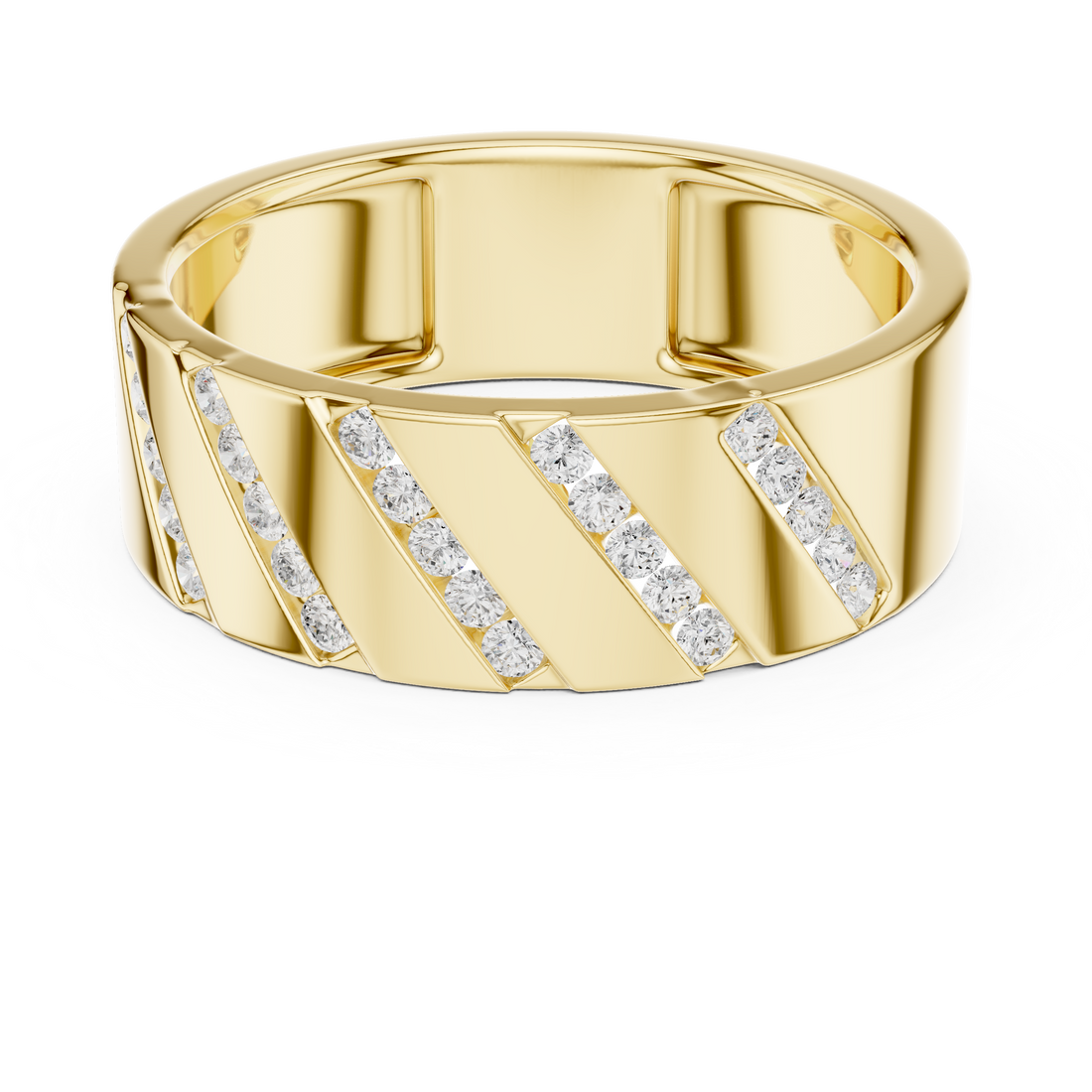 Bold Round Diamond Channel Striped Band Ring with Geometric Pattern