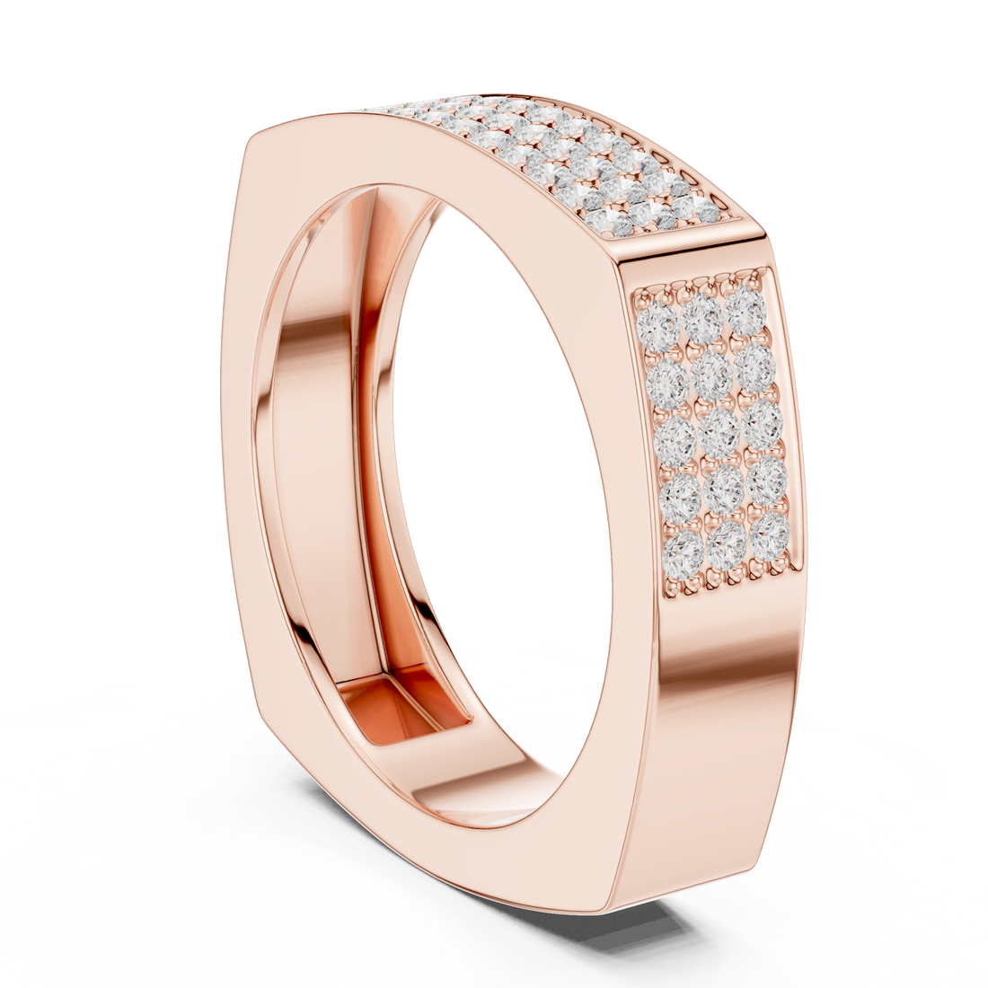 Round Cut Diamond Multi Row Pavé Wide Band with Rectangular Top Design