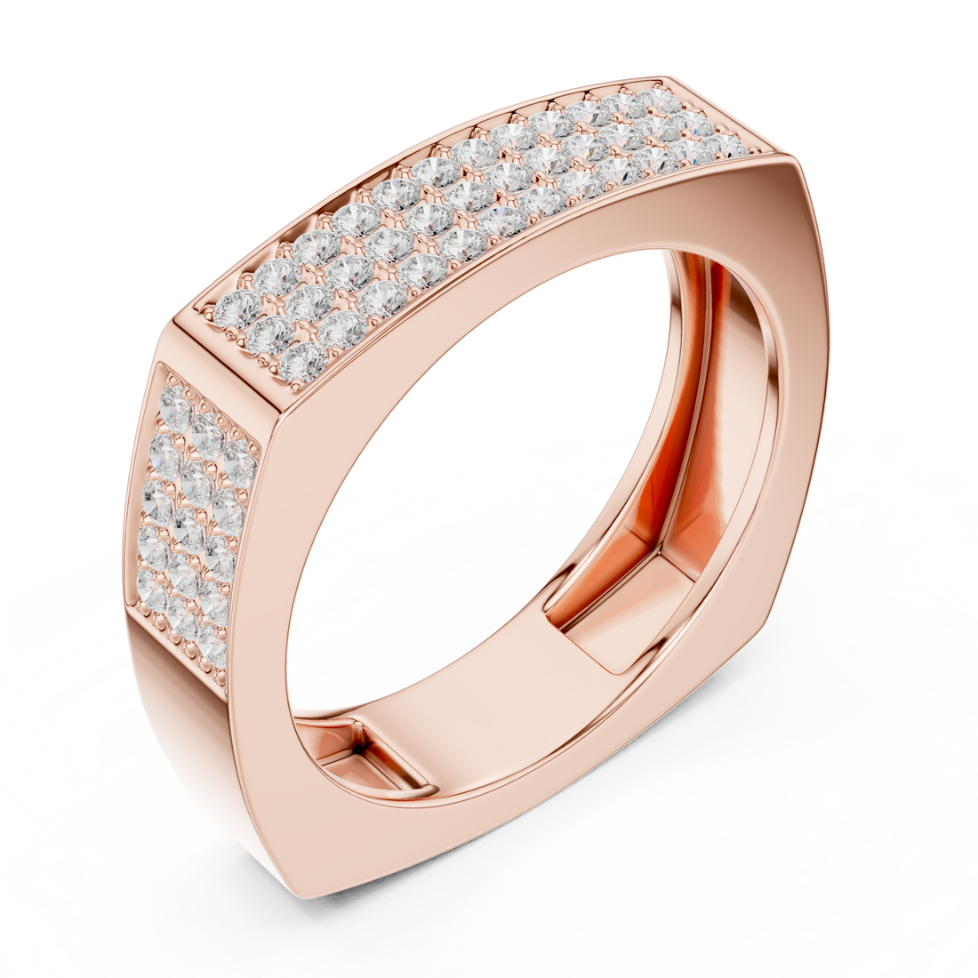 Round Cut Diamond Multi Row Pavé Wide Band with Rectangular Top Design