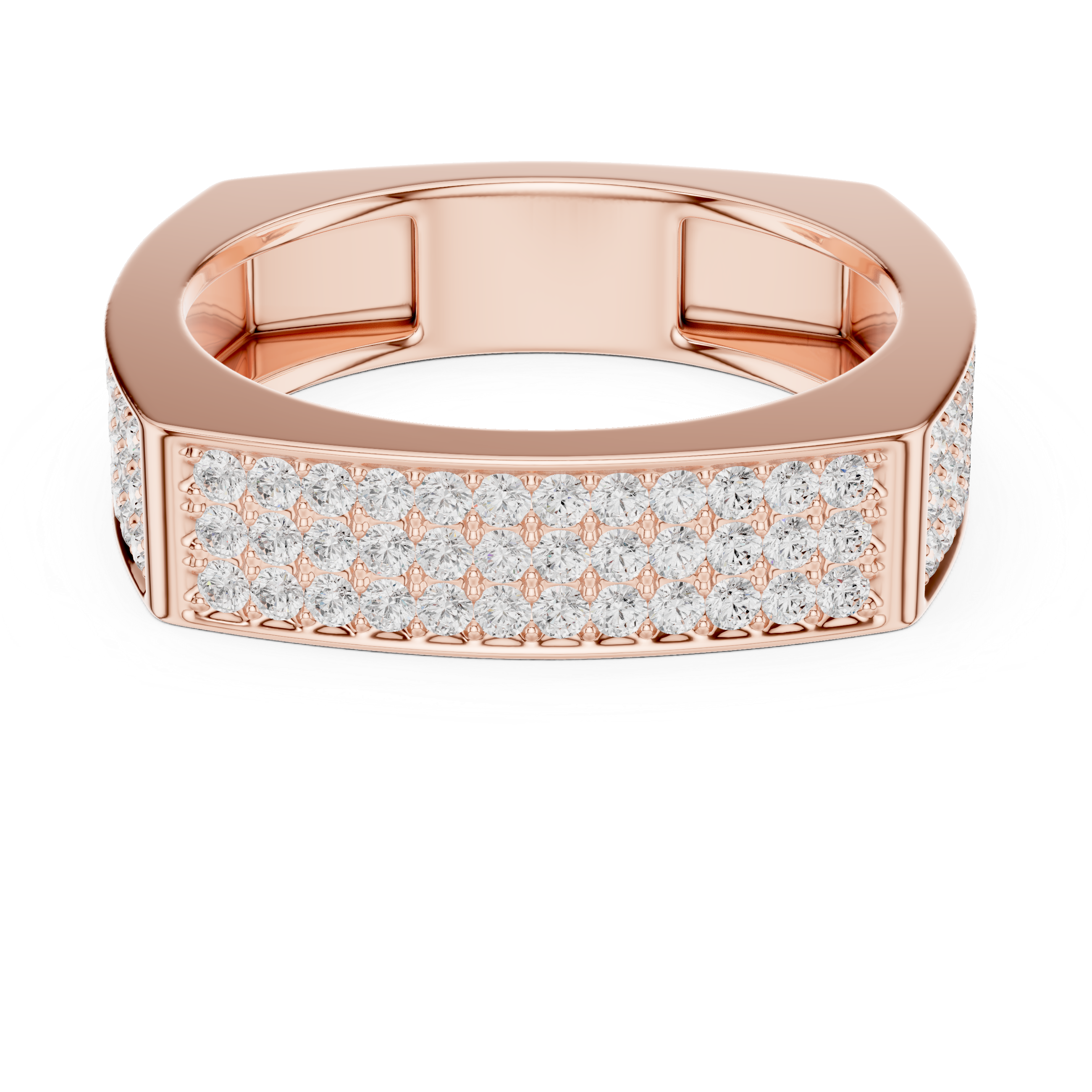 Round Cut Diamond Multi Row Pavé Wide Band with Rectangular Top Design