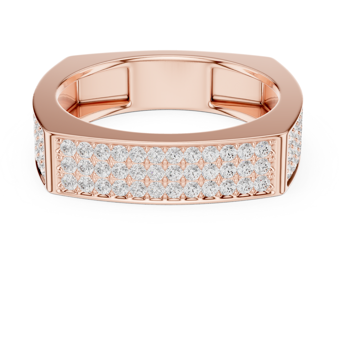Round Cut Diamond Multi Row Pavé Wide Band with Rectangular Top Design