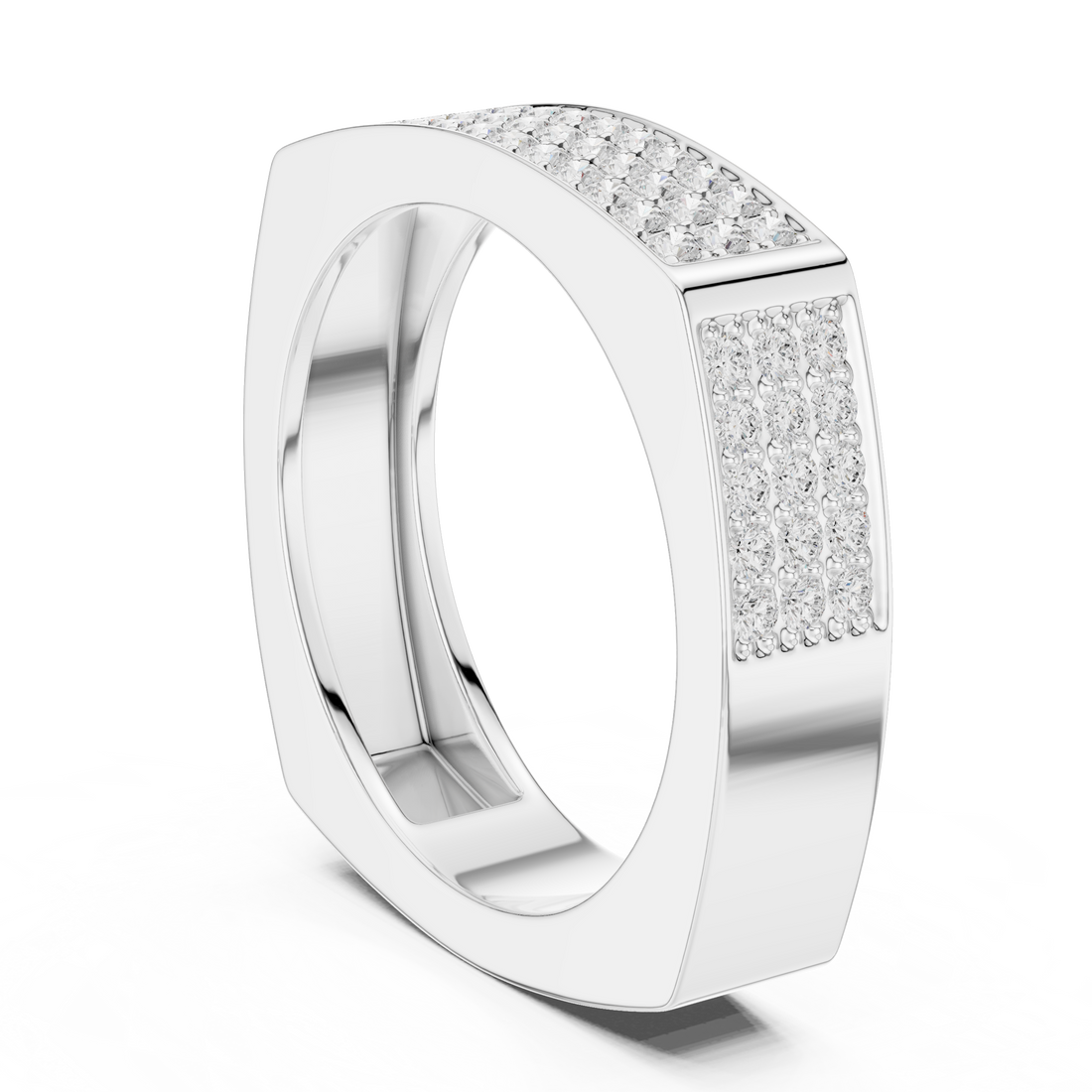Round Cut Diamond Multi Row Pavé Wide Band with Rectangular Top Design