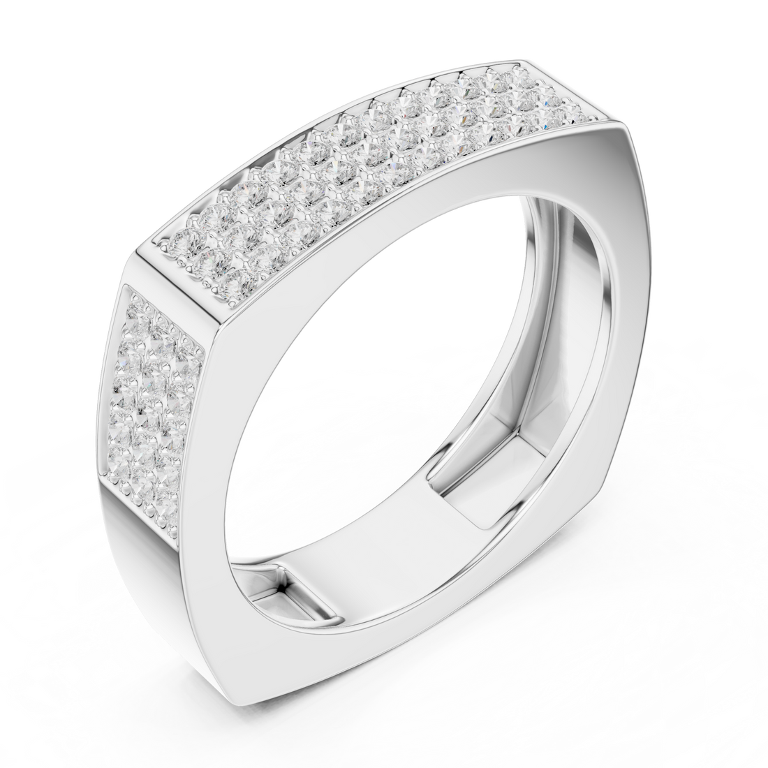 Round Cut Diamond Multi Row Pavé Wide Band with Rectangular Top Design