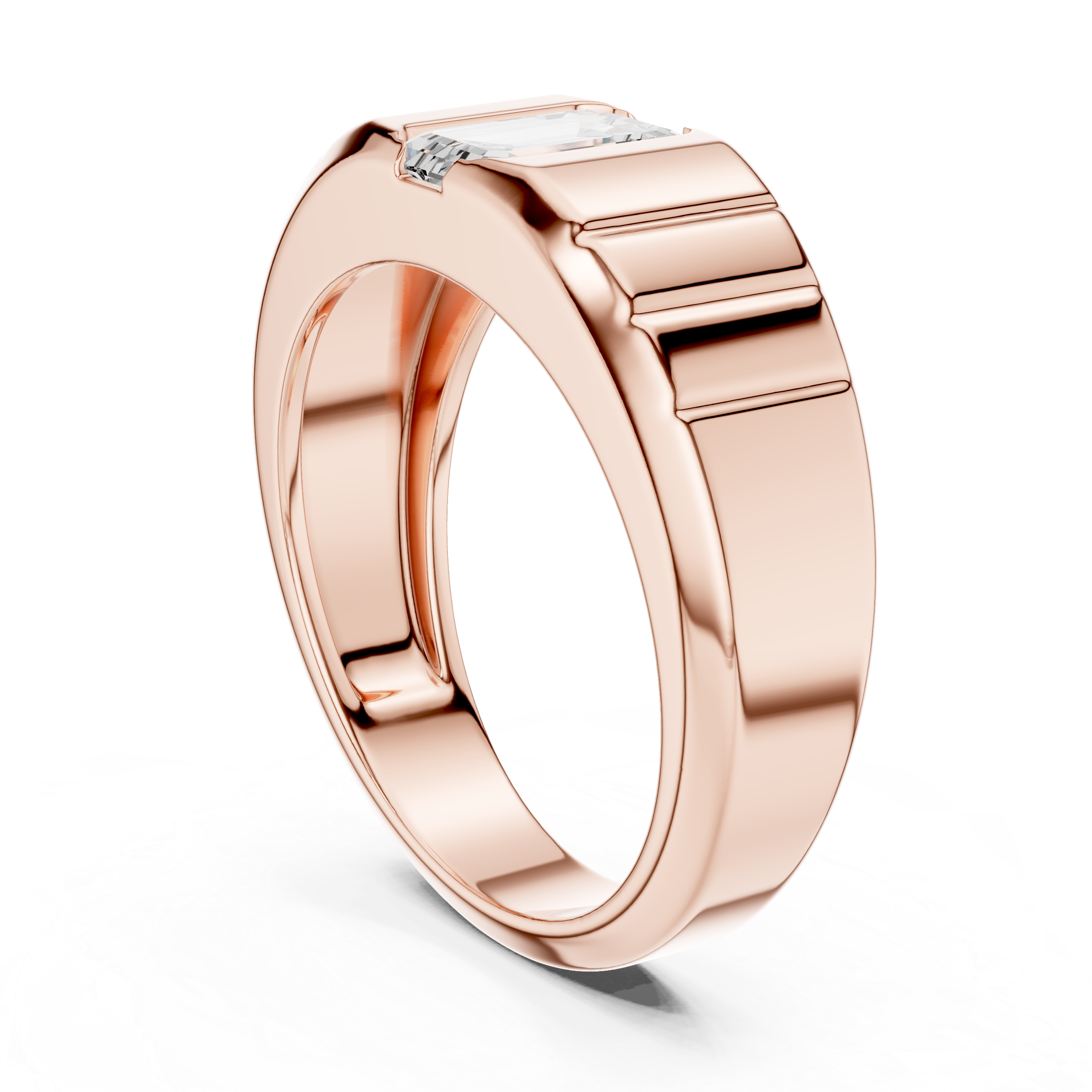 Bold Emerald Cut Diamond Signet Style Grooved Band Ring