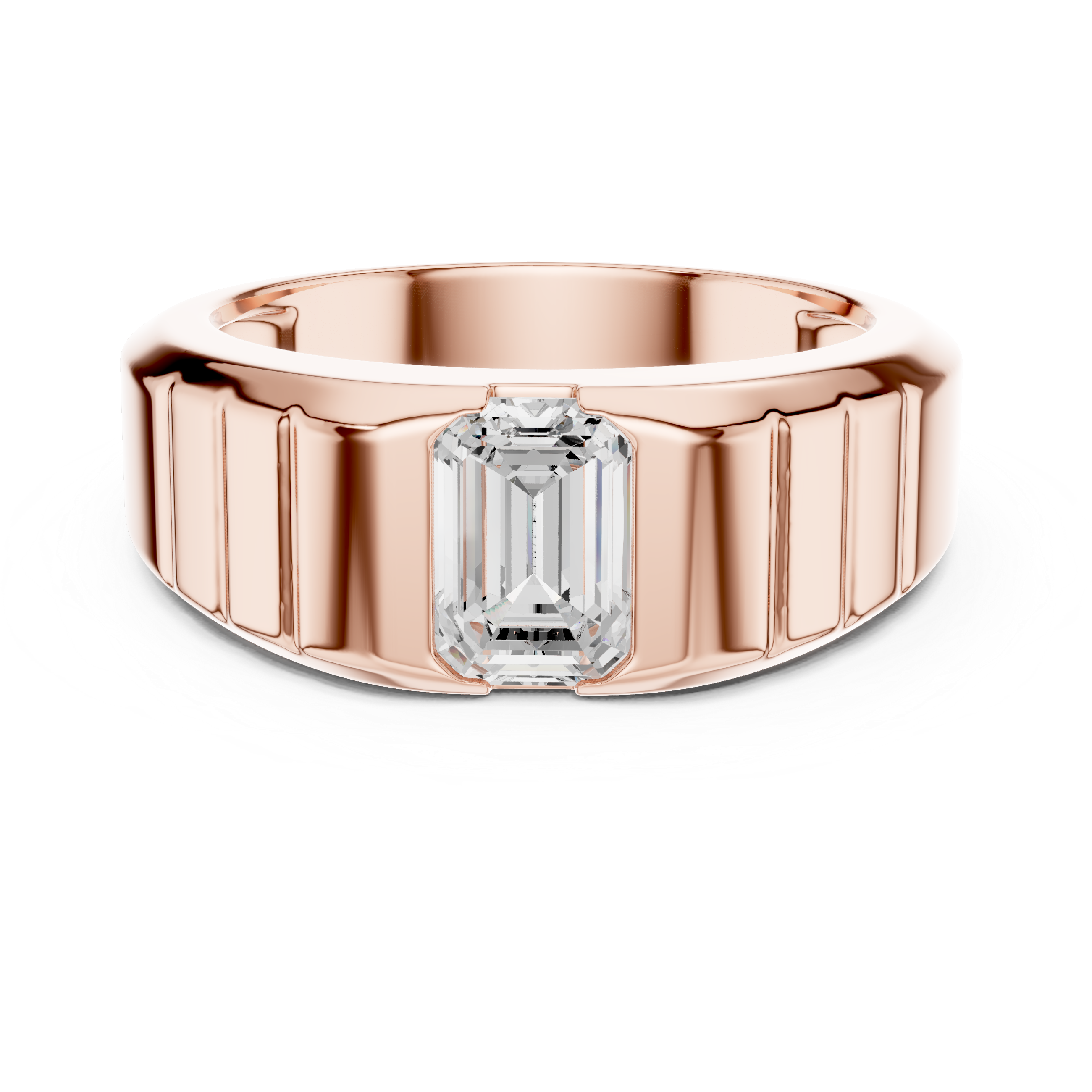 Bold Emerald Cut Diamond Signet Style Grooved Band Ring