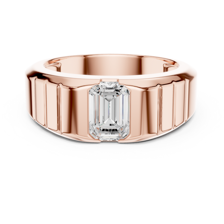 Bold Emerald Cut Diamond Signet Style Grooved Band Ring