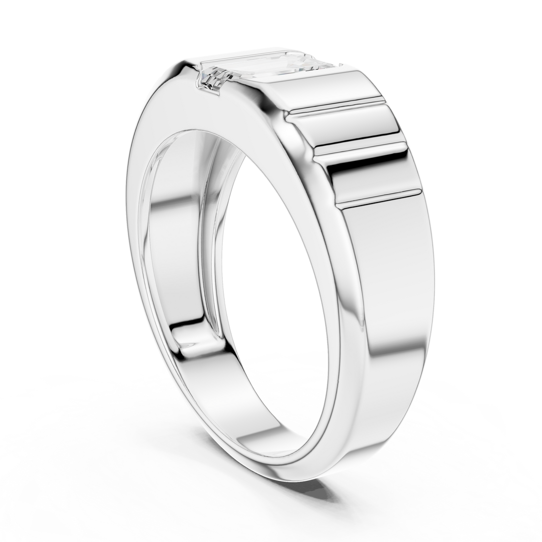 Bold Emerald Cut Diamond Signet Style Grooved Band Ring