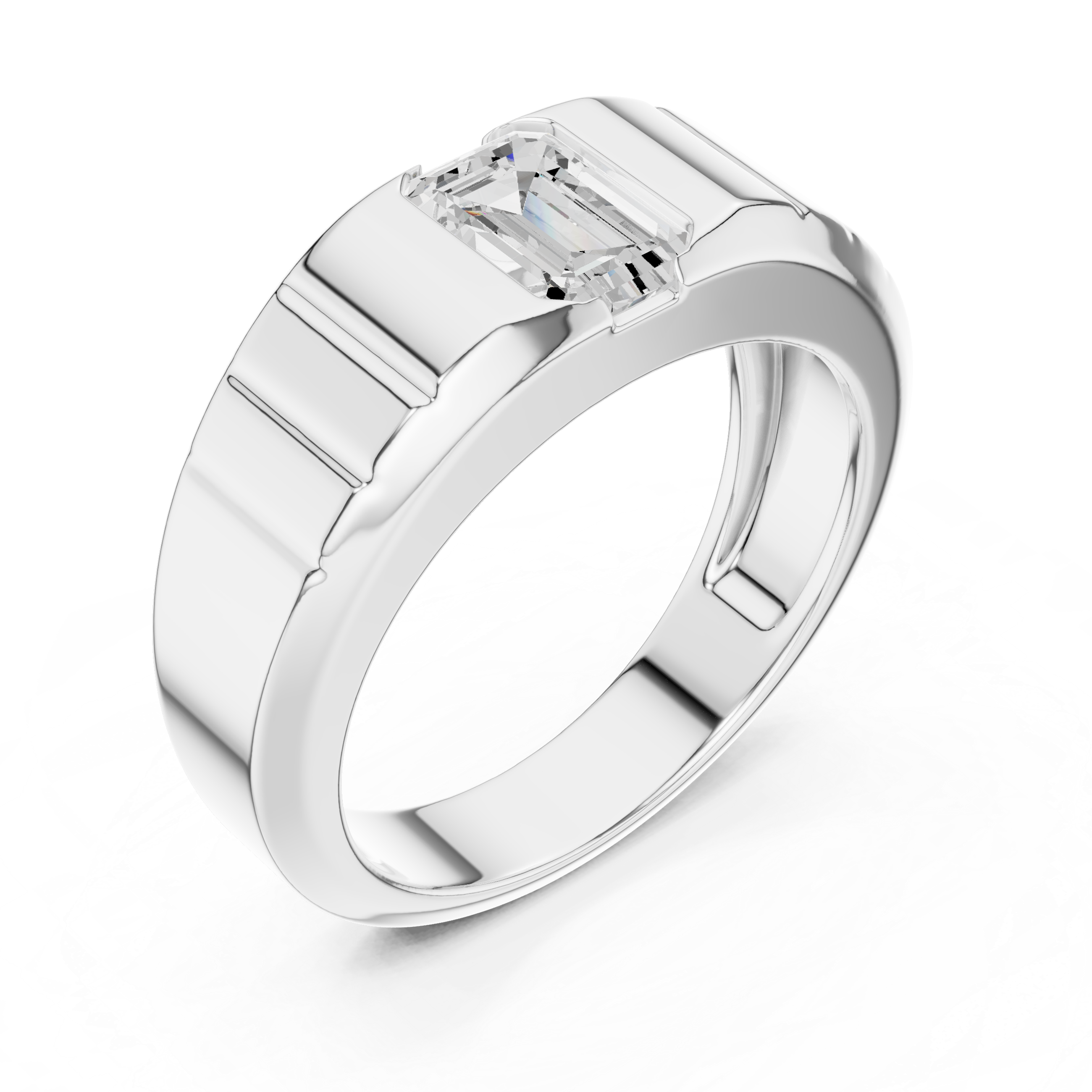 Bold Emerald Cut Diamond Signet Style Grooved Band Ring