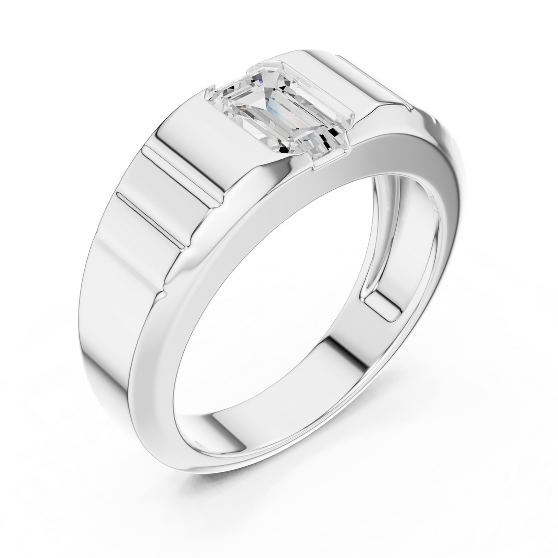 Bold Emerald Cut Diamond Signet Style Grooved Band Ring