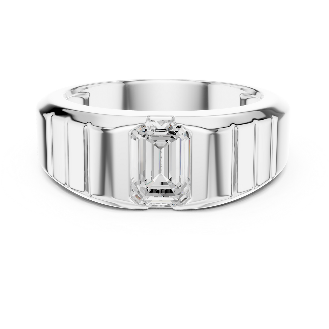 Bold Emerald Cut Diamond Signet Style Grooved Band Ring