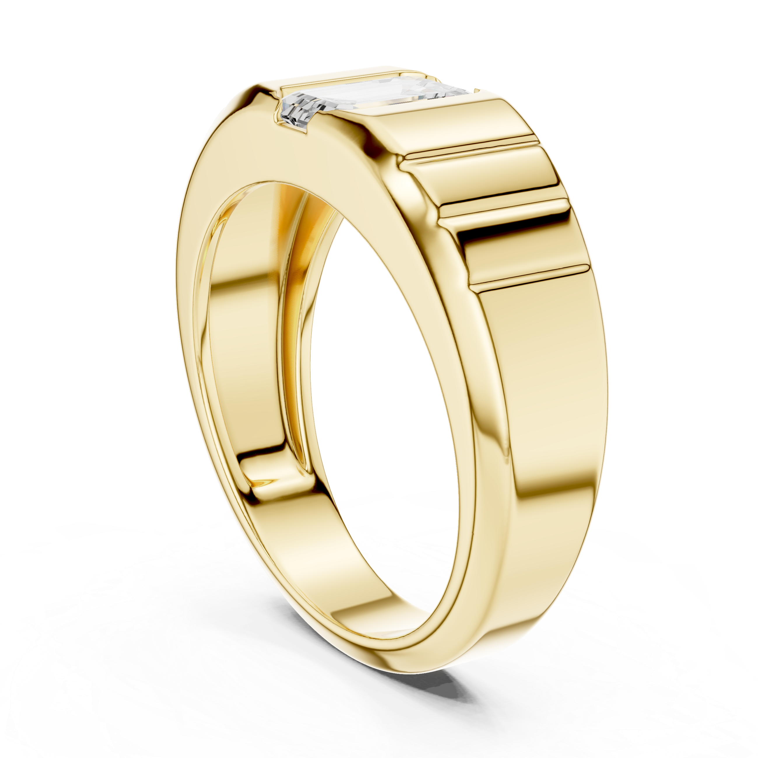 Bold Emerald Cut Diamond Signet Style Grooved Band Ring