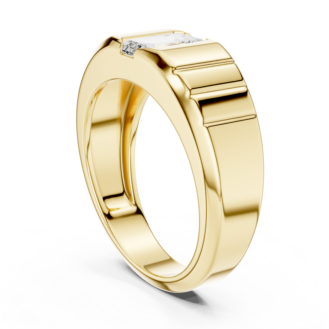 Bold Emerald Cut Diamond Signet Style Grooved Band Ring