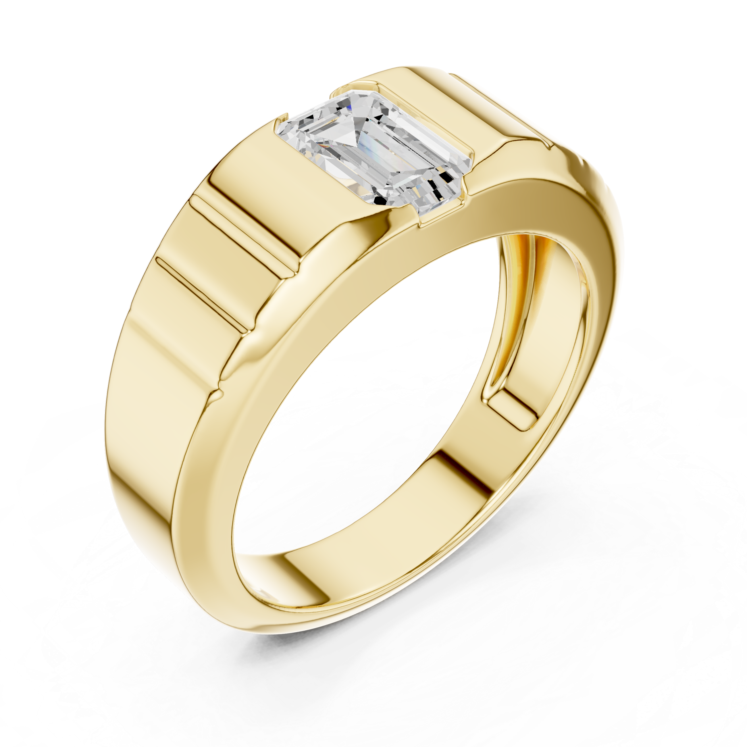 Bold Emerald Cut Diamond Signet Style Grooved Band Ring