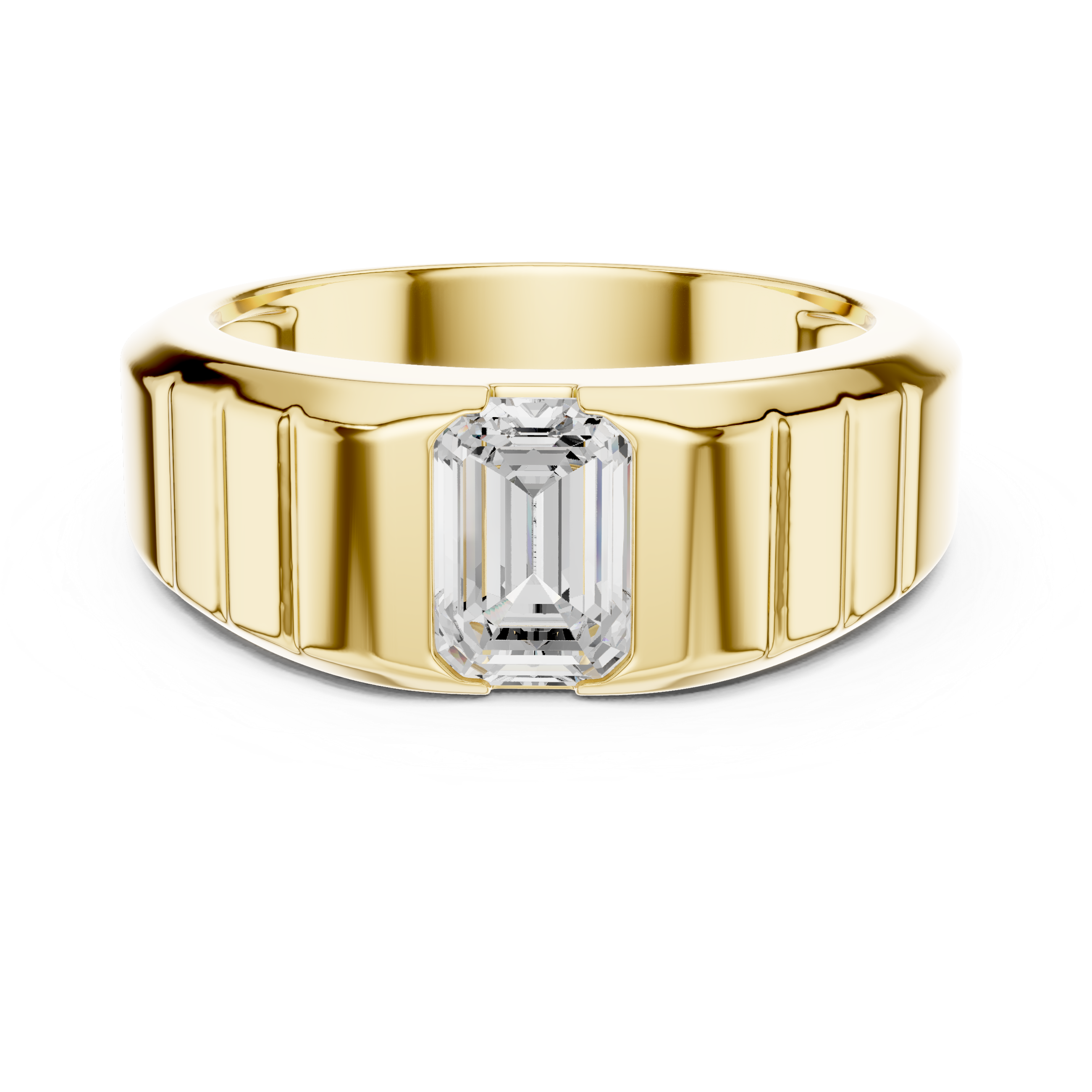 Bold Emerald Cut Diamond Signet Style Grooved Band Ring