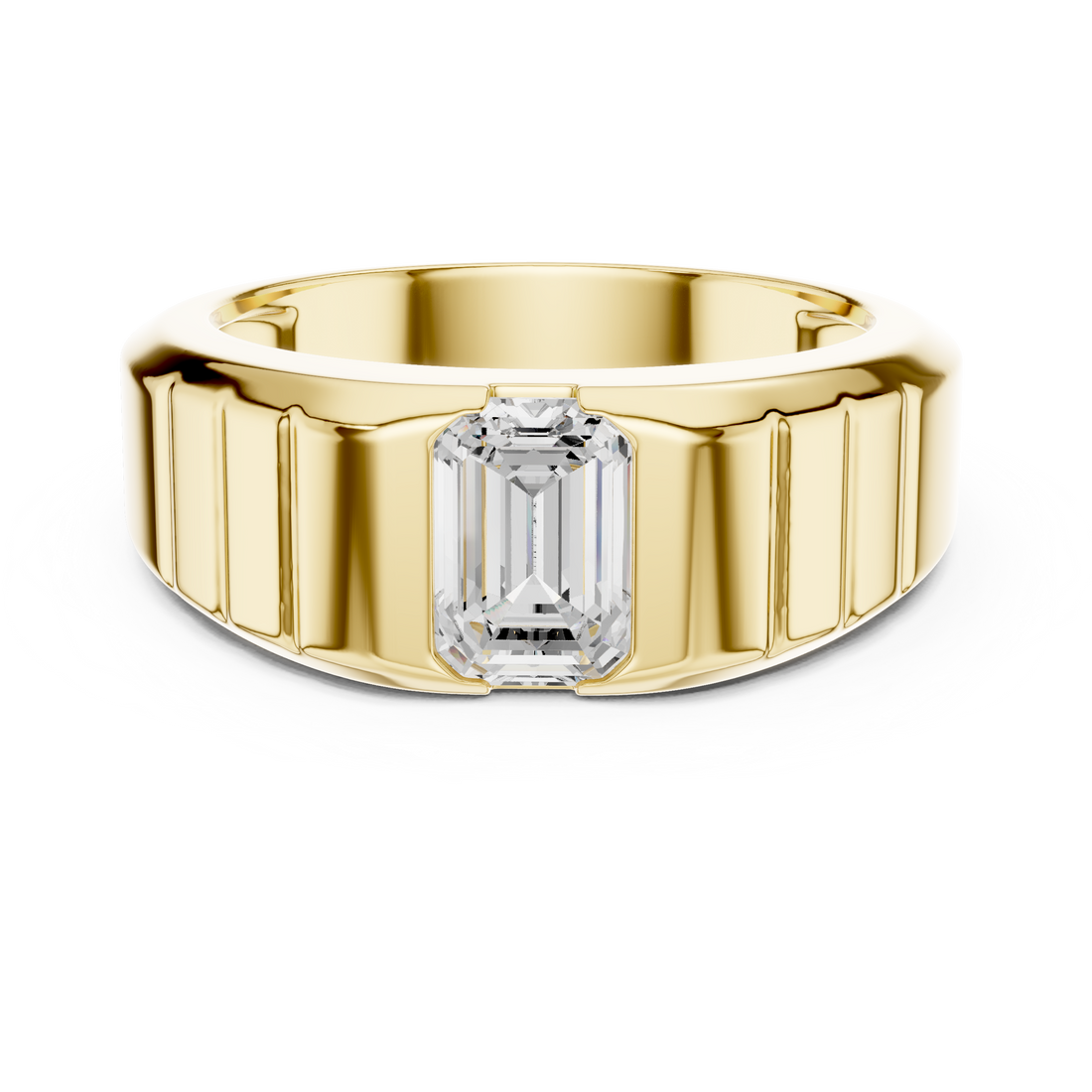 Bold Emerald Cut Diamond Signet Style Grooved Band Ring