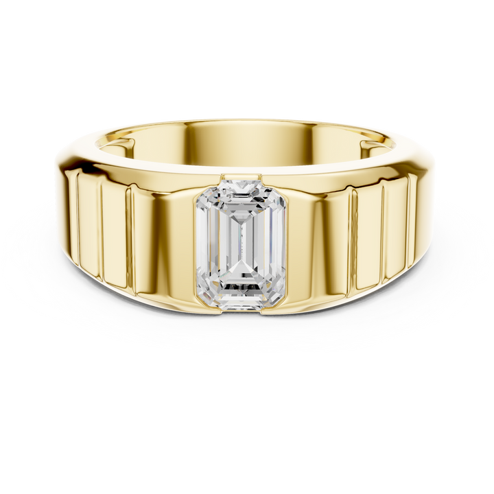 Bold Emerald Cut Diamond Signet Style Grooved Band Ring