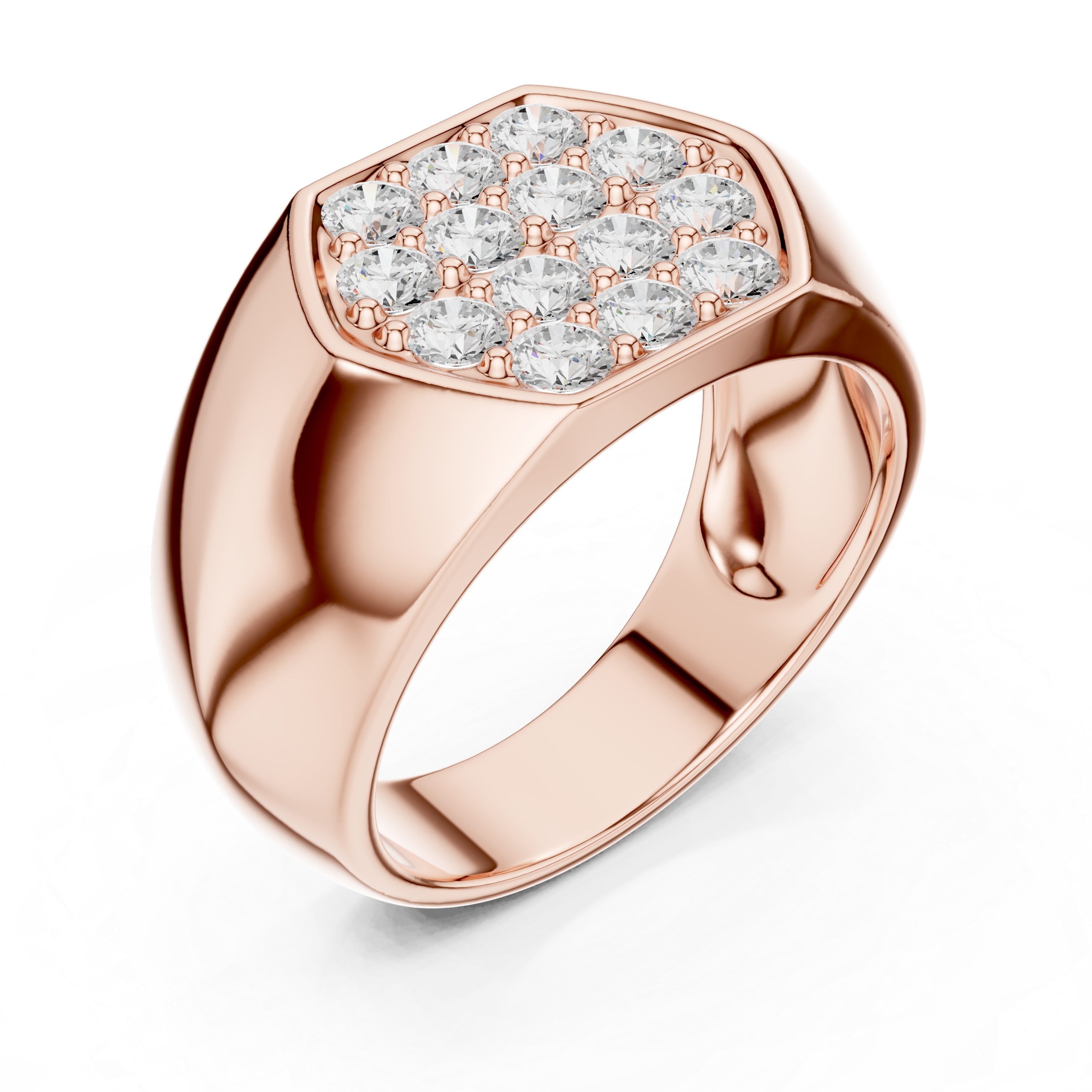 Round Cut Diamond Cluster Pavé Signet Style Ring with Octagonal Top Design