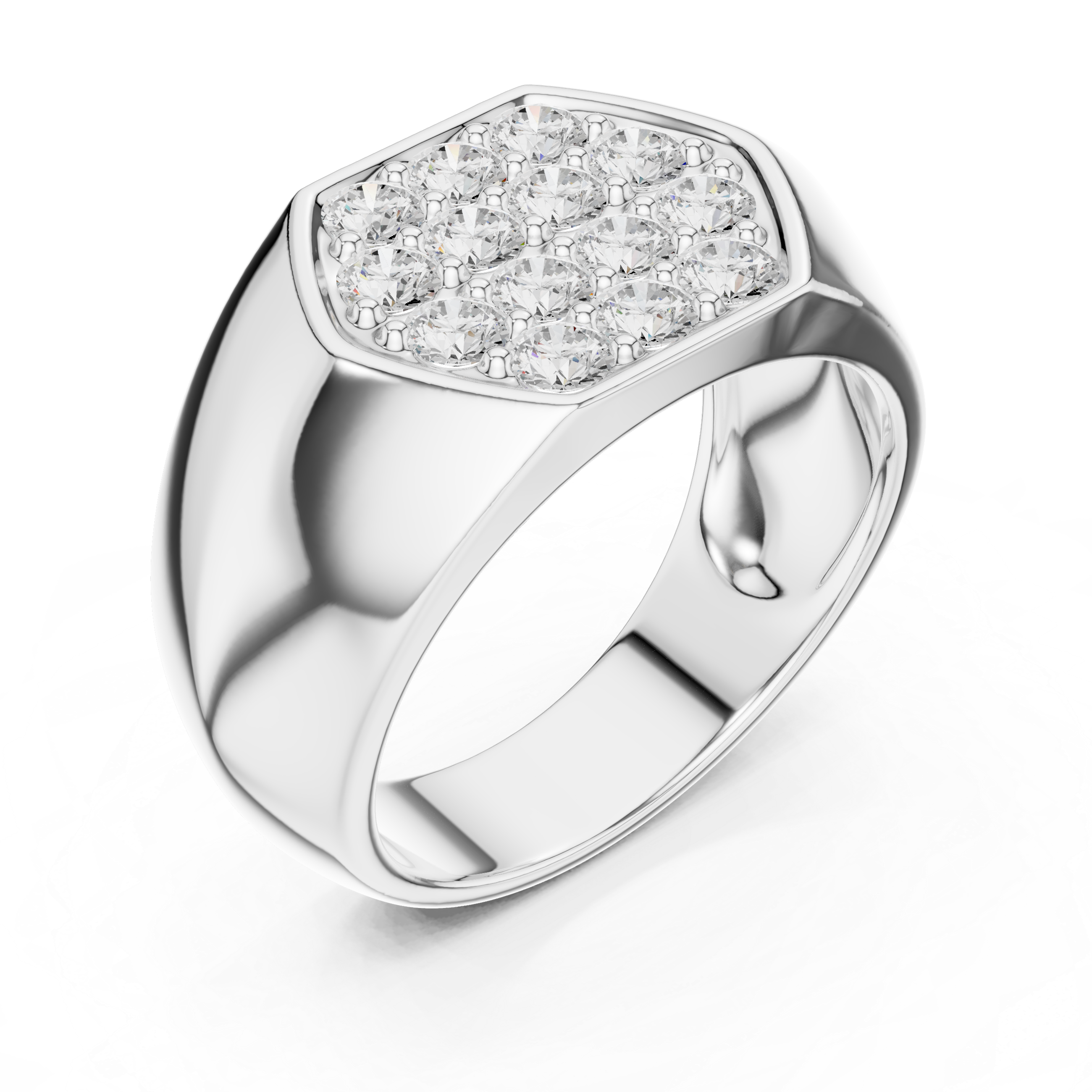 Round Cut Diamond Cluster Pavé Signet Style Ring with Octagonal Top Design