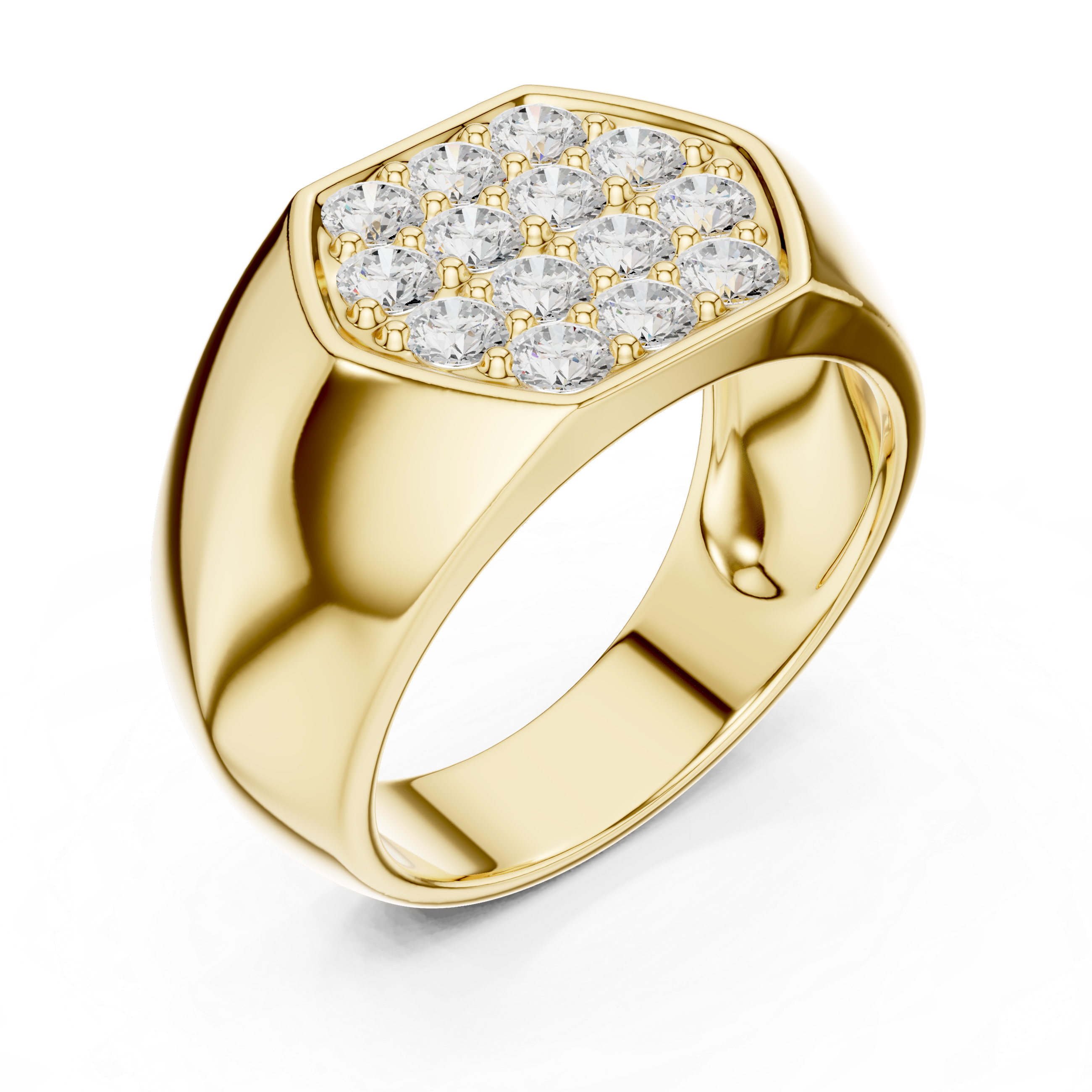 Round Cut Diamond Cluster Pavé Signet Style Ring with Octagonal Top Design