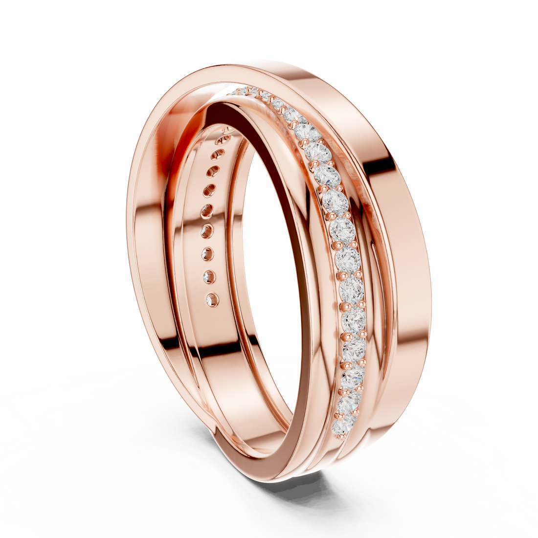 Round Diamond Cross Over Twist Band Ring with Pavé Detail